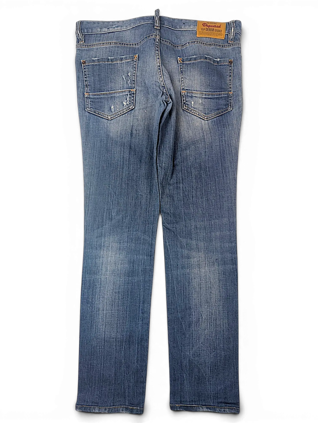 JAKE & IPI Dsquared2 blue denim jeans with a classic five-pocket design and distressed back pocket detailing.