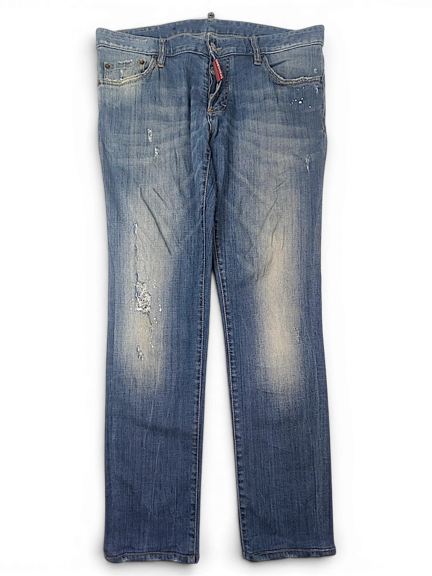 JAKE & IPI Dsquared2 blue denim jeans with distressed details, paint splatters, and a classic five-pocket design.