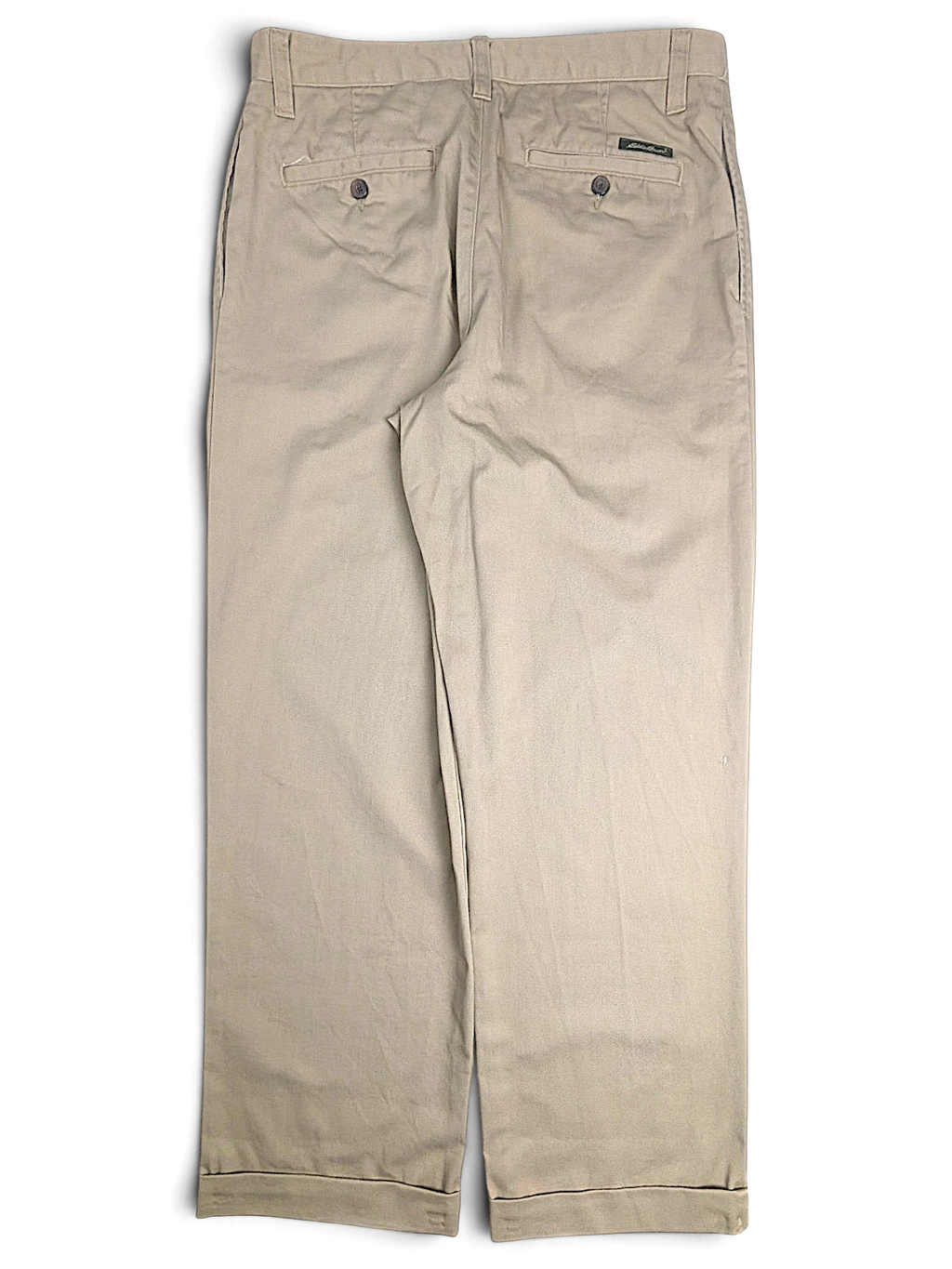 JAKE & IPI Eddie Bauer beige cotton classic fit pleated chinos, back view showing buttoned pockets.