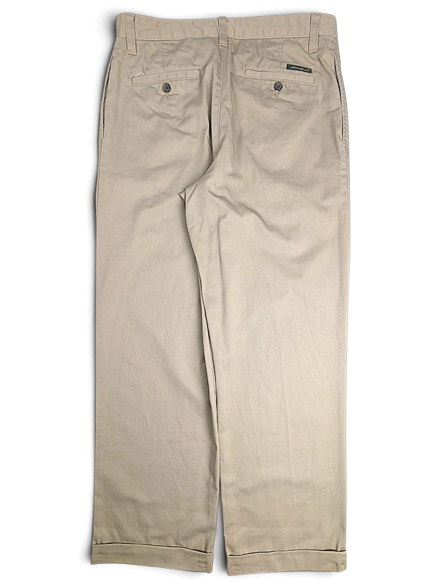 JAKE & IPI Eddie Bauer beige cotton classic fit pleated chinos, back view showing buttoned pockets.