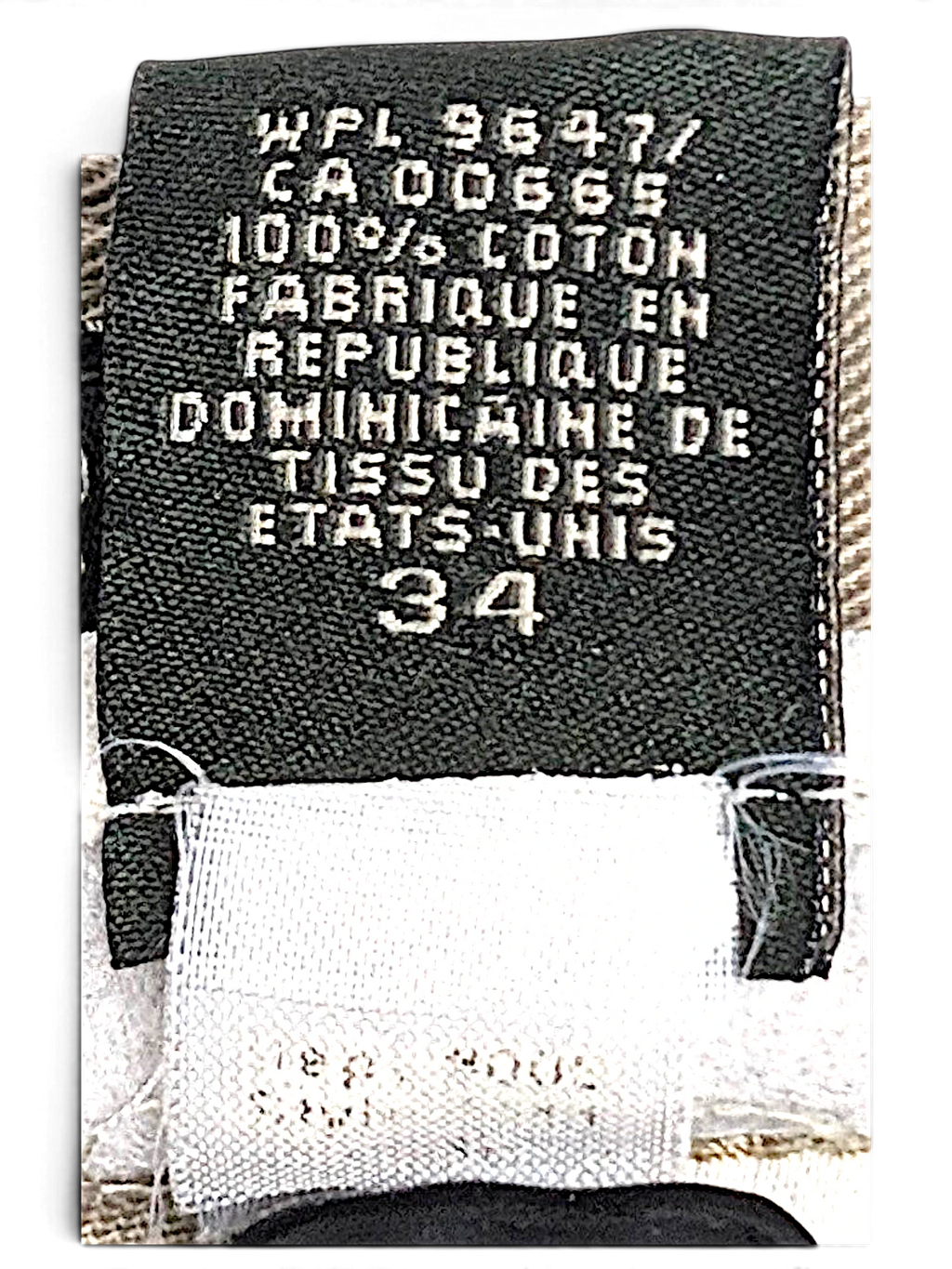 JAKE & IPI Eddie Bauer beige cotton chino pants care label showing size 34 and fabric composition details