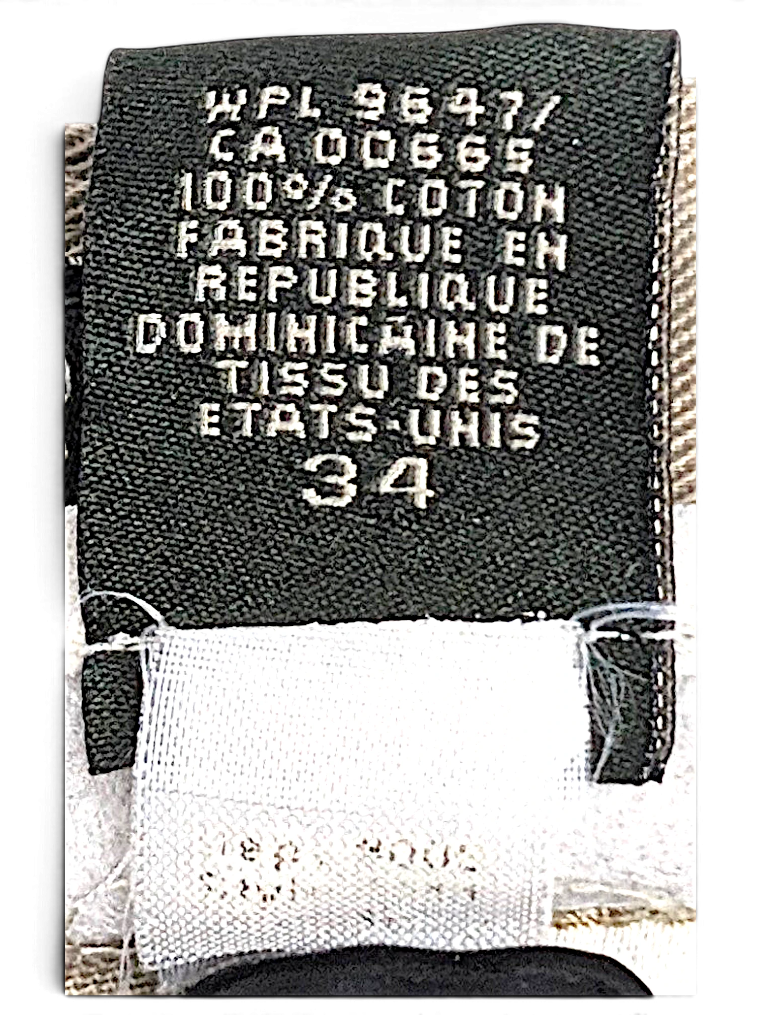 JAKE & IPI Eddie Bauer beige cotton chino pants care label showing size 34 and fabric composition details