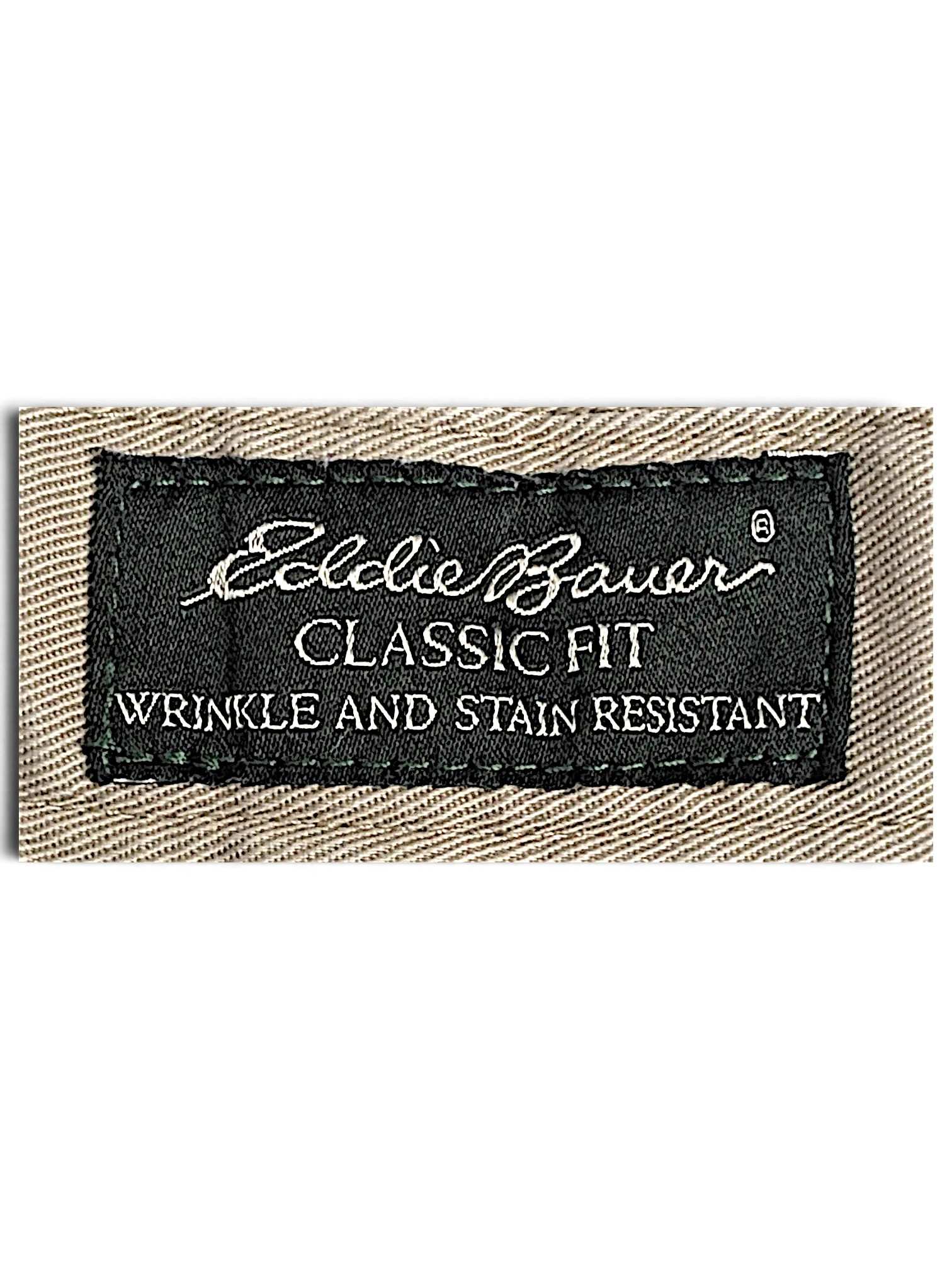 JAKE & IPI Eddie Bauer Classic Fit wrinkle and stain resistant label on beige cotton fabric