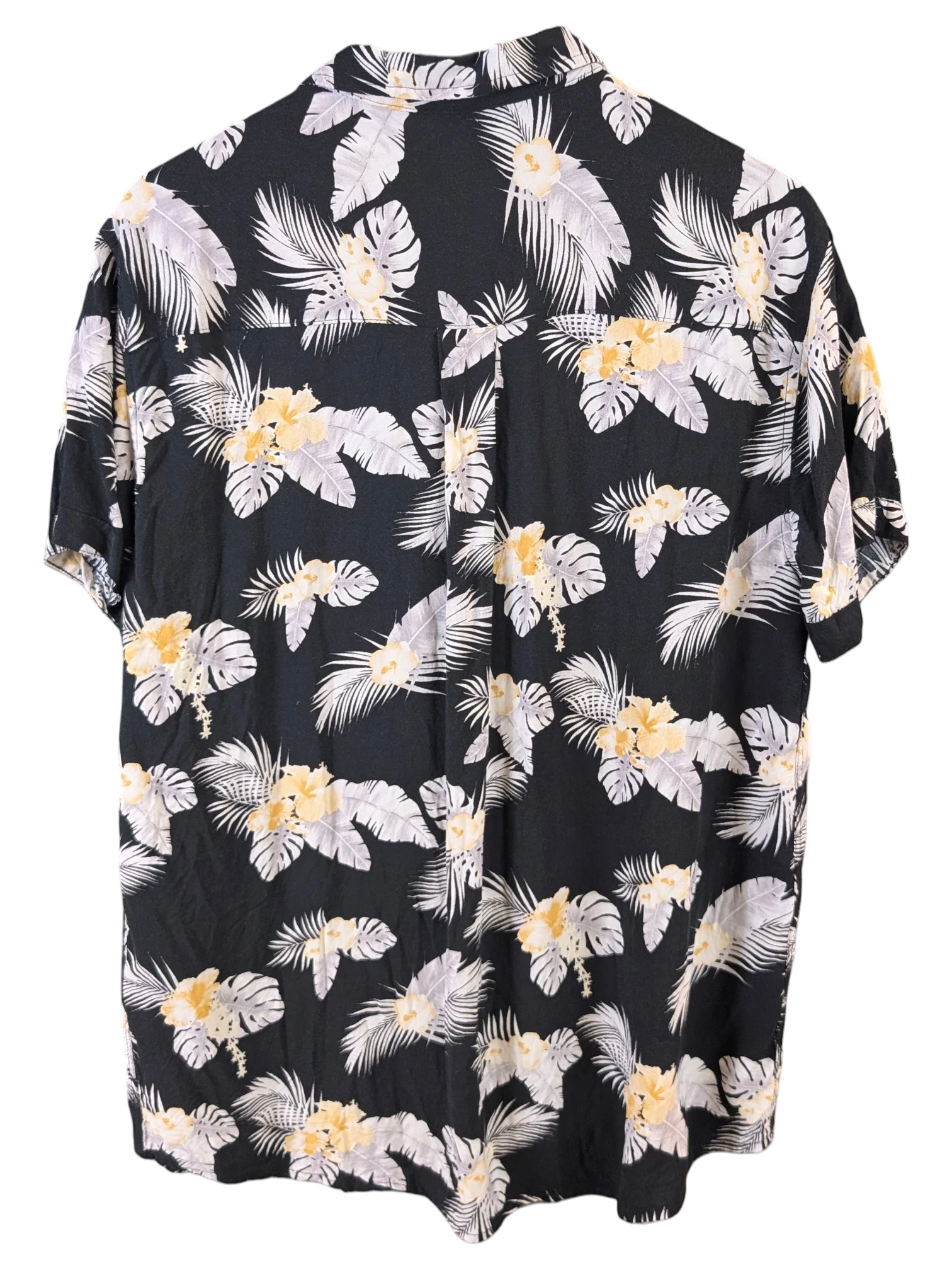 JAKE & IPI Eight2Nine black Hawaiian shirt with white and yellow tropical floral and palm leaf print on a hanger