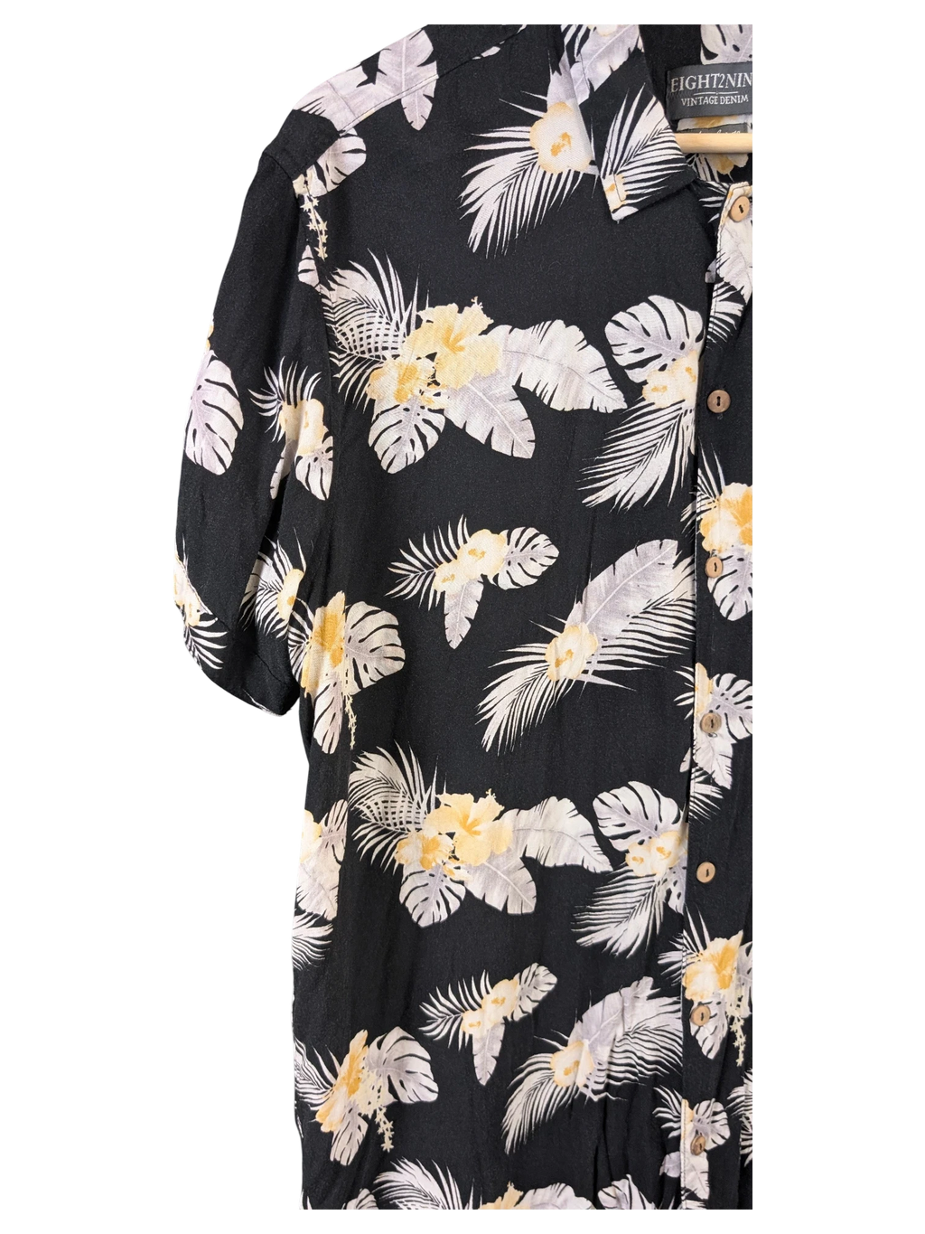 JAKE & IPI Eight2Nine black Hawaiian shirt with yellow and white tropical floral print and button-down front.