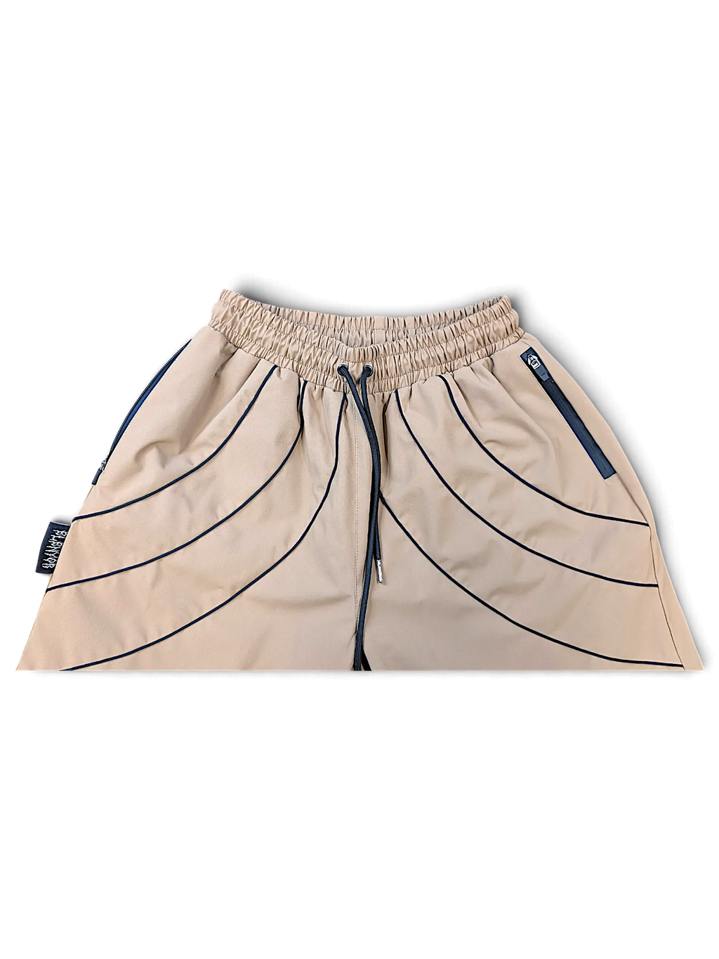 JAKE & IPI Elenyor brown cargo pants with elastic waistband, drawstring, and black curved piping detail