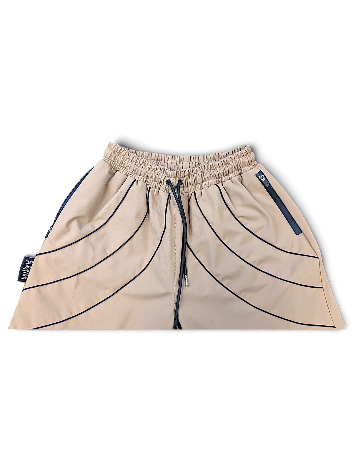 JAKE & IPI Elenyor brown cargo pants with elastic waistband, drawstring, and black curved piping detail