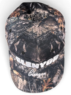 JAKE & IPI Elenyor baseball cap in a brown and black woodland camouflage print with white embroidered text