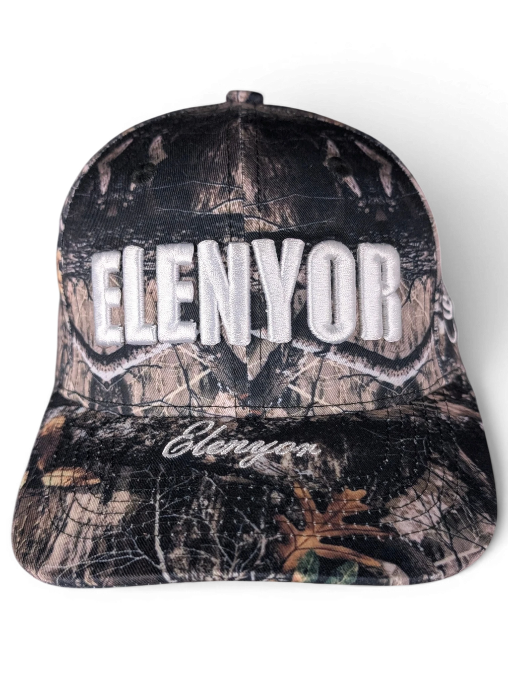 JAKE & IPI Elenyor cap in camouflage print with white embroidered lettering on the front and brim