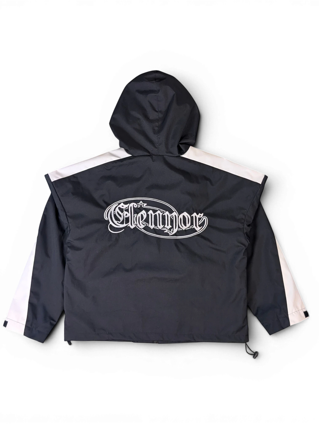 JAKE & IPI Elenyor hooded jacket in black with white side stripes and gothic-style back graphic