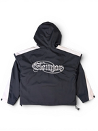 JAKE & IPI Elenyor hooded jacket in black with white side stripes and gothic-style back graphic