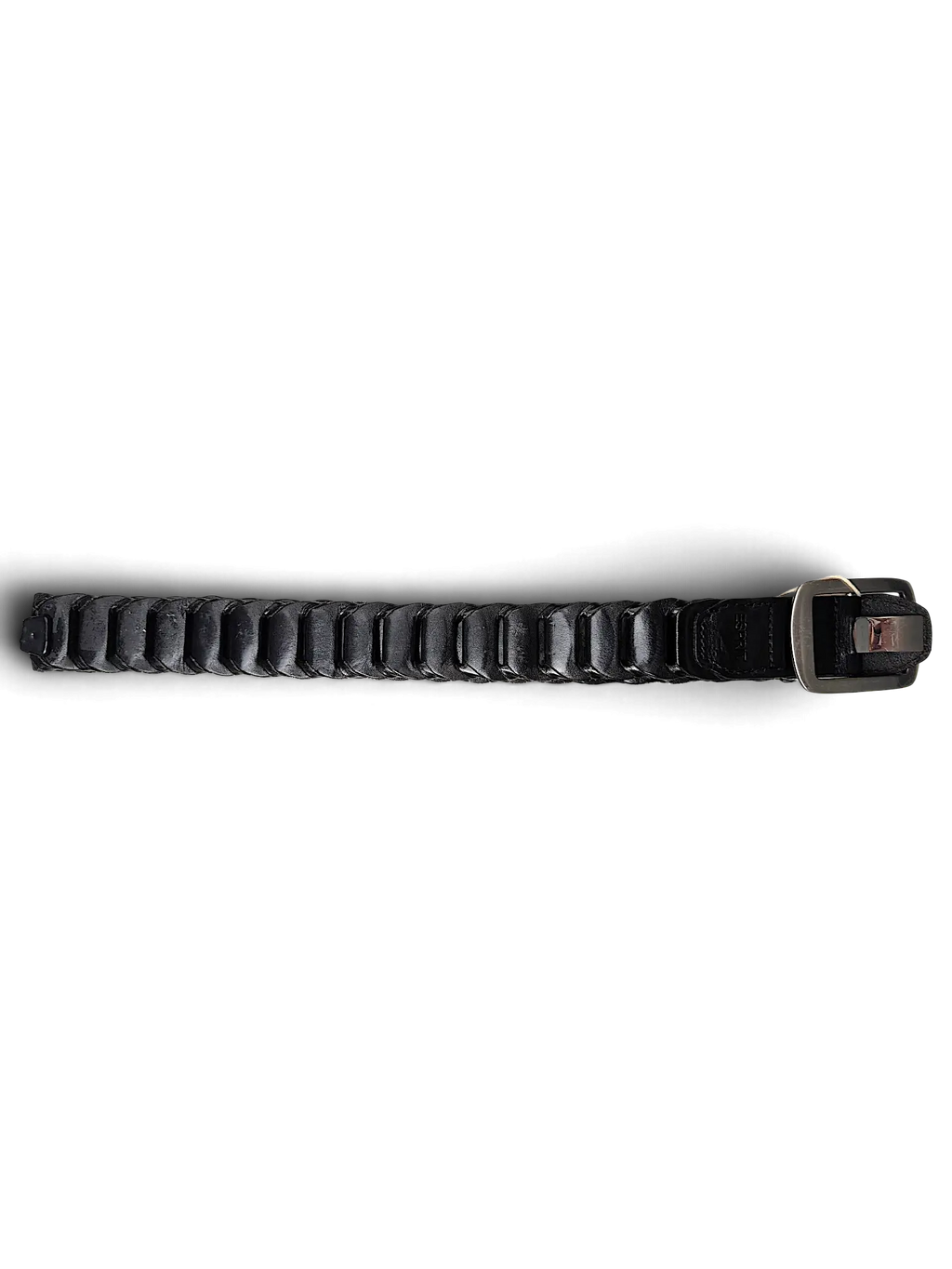 JAKE & IPI Esprit black leather belt featuring a unique braided design and a sturdy silver-tone metal buckle.