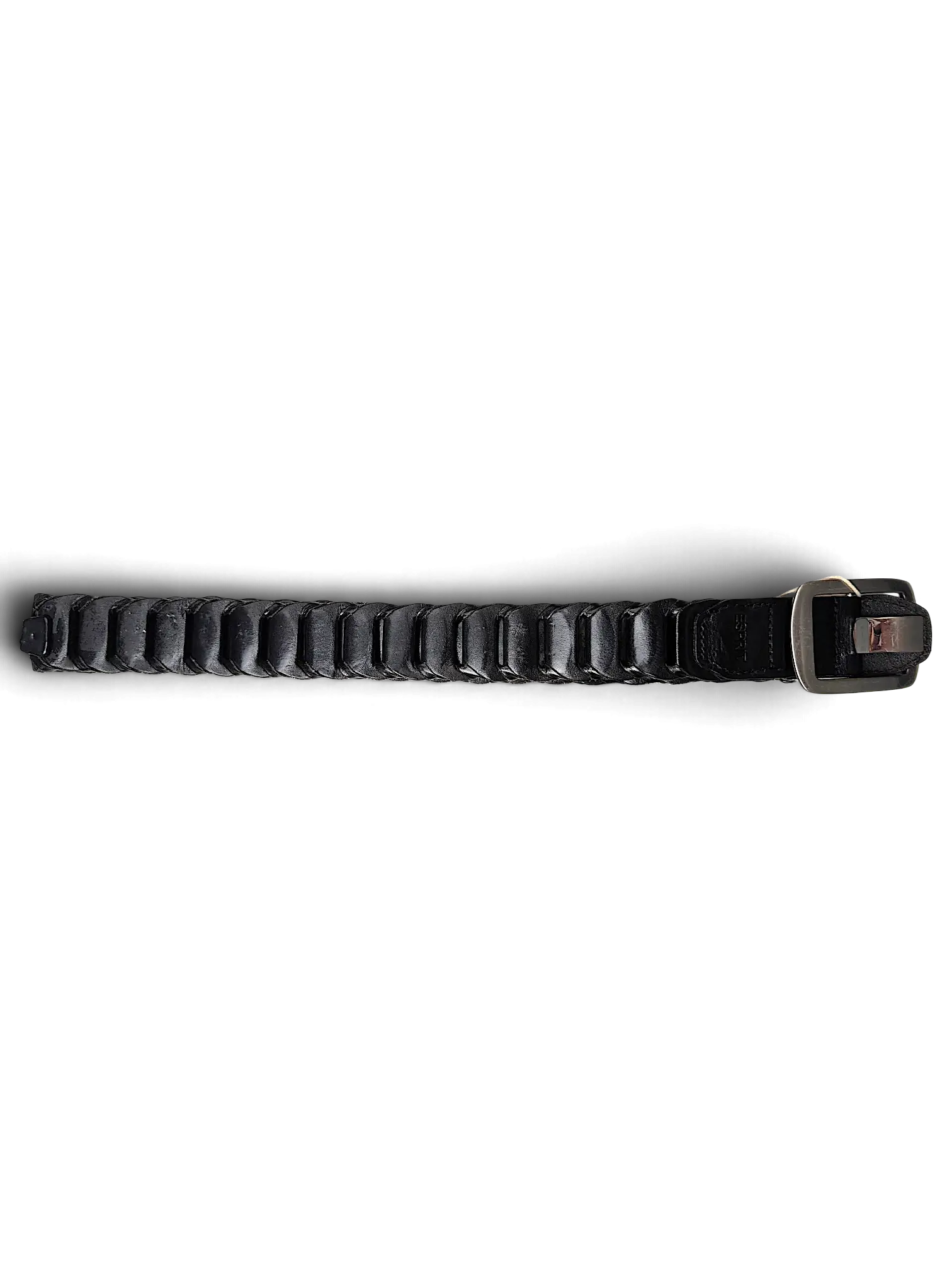JAKE & IPI Esprit black leather belt featuring a unique braided design and a sturdy silver-tone metal buckle.