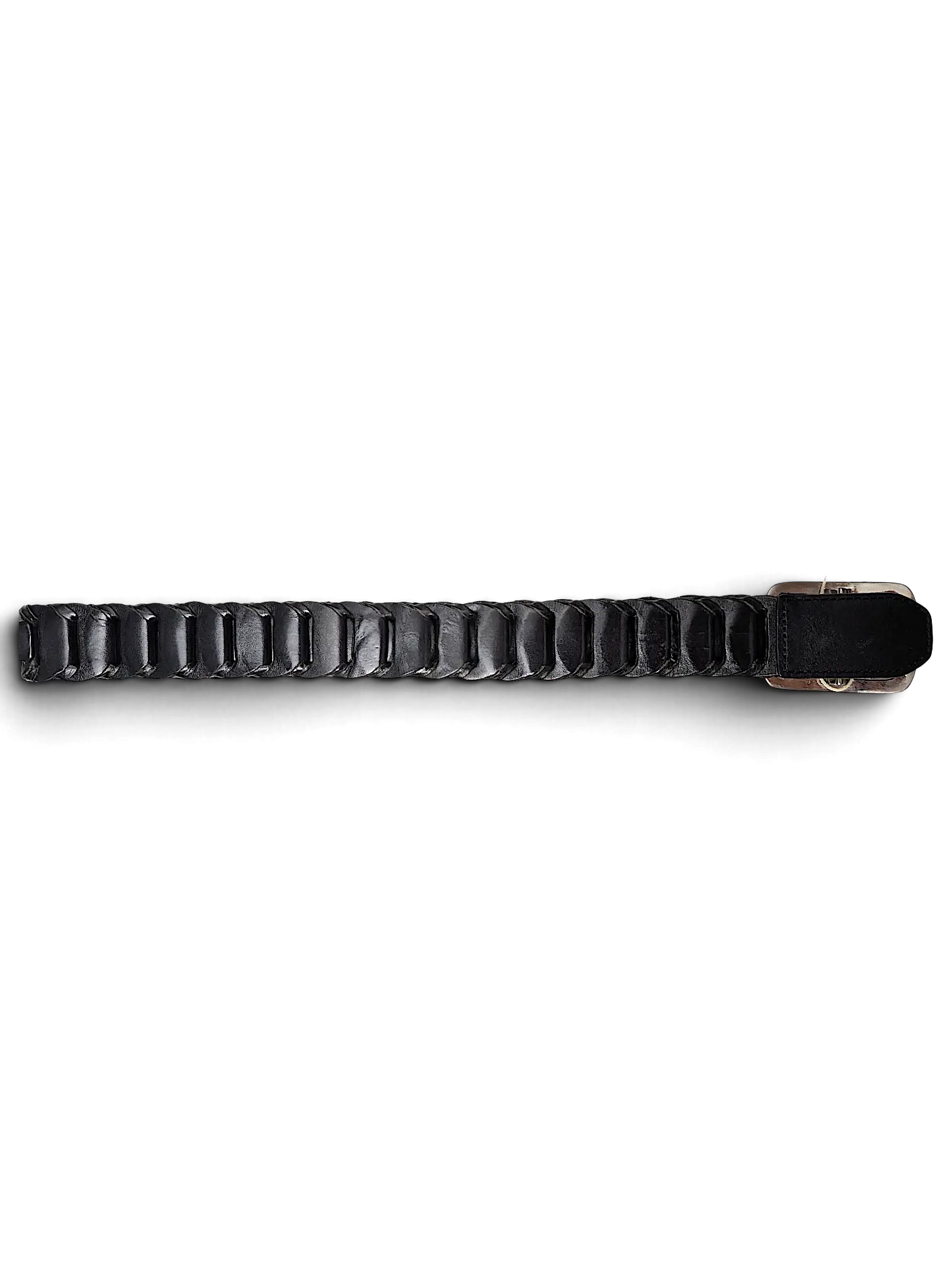 JAKE & IPI Esprit black leather belt featuring a unique braided design and a silver-toned metal buckle.