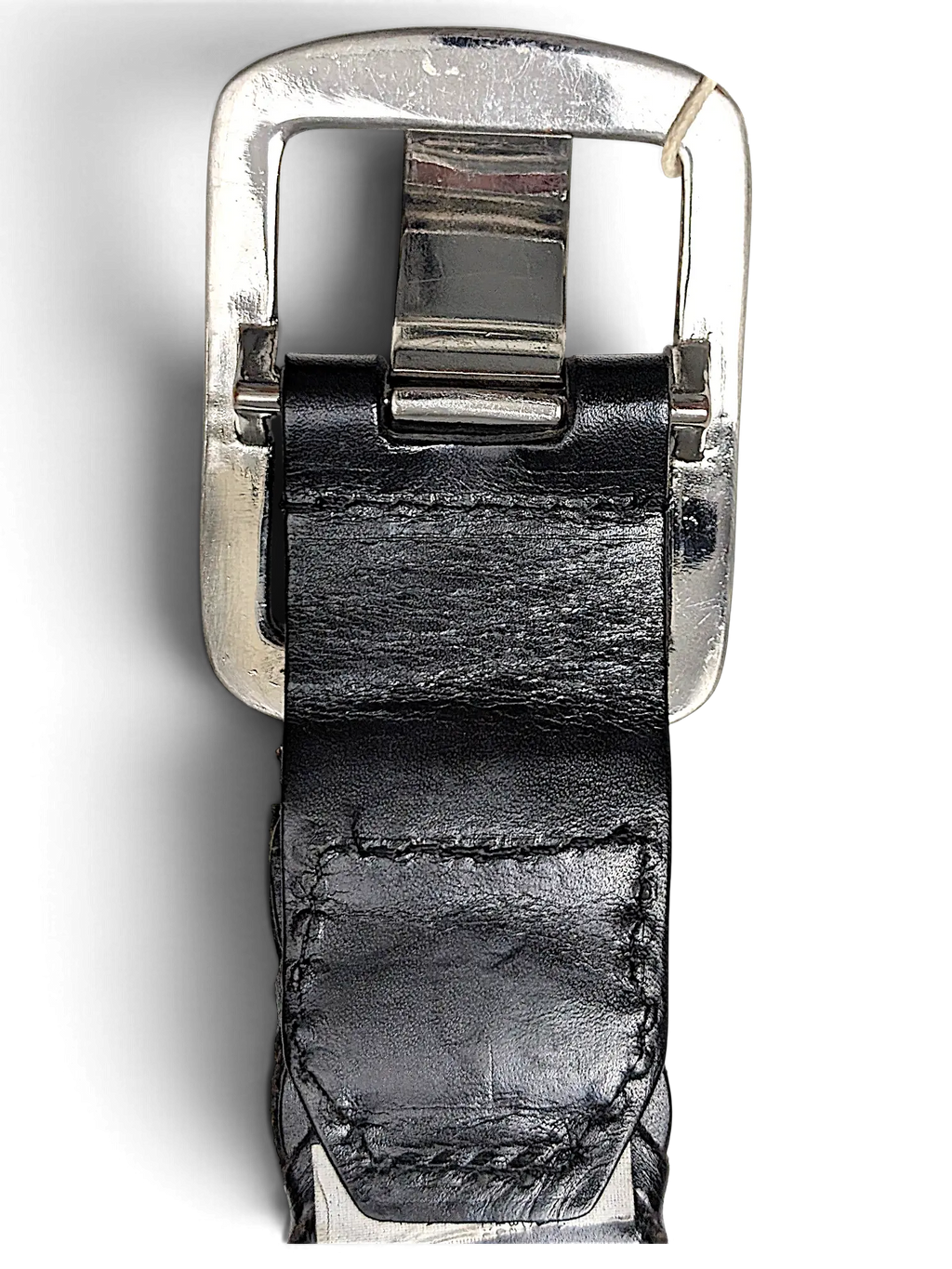 JAKE & IPI Esprit black leather belt featuring a polished silver-tone metal buckle on a black background