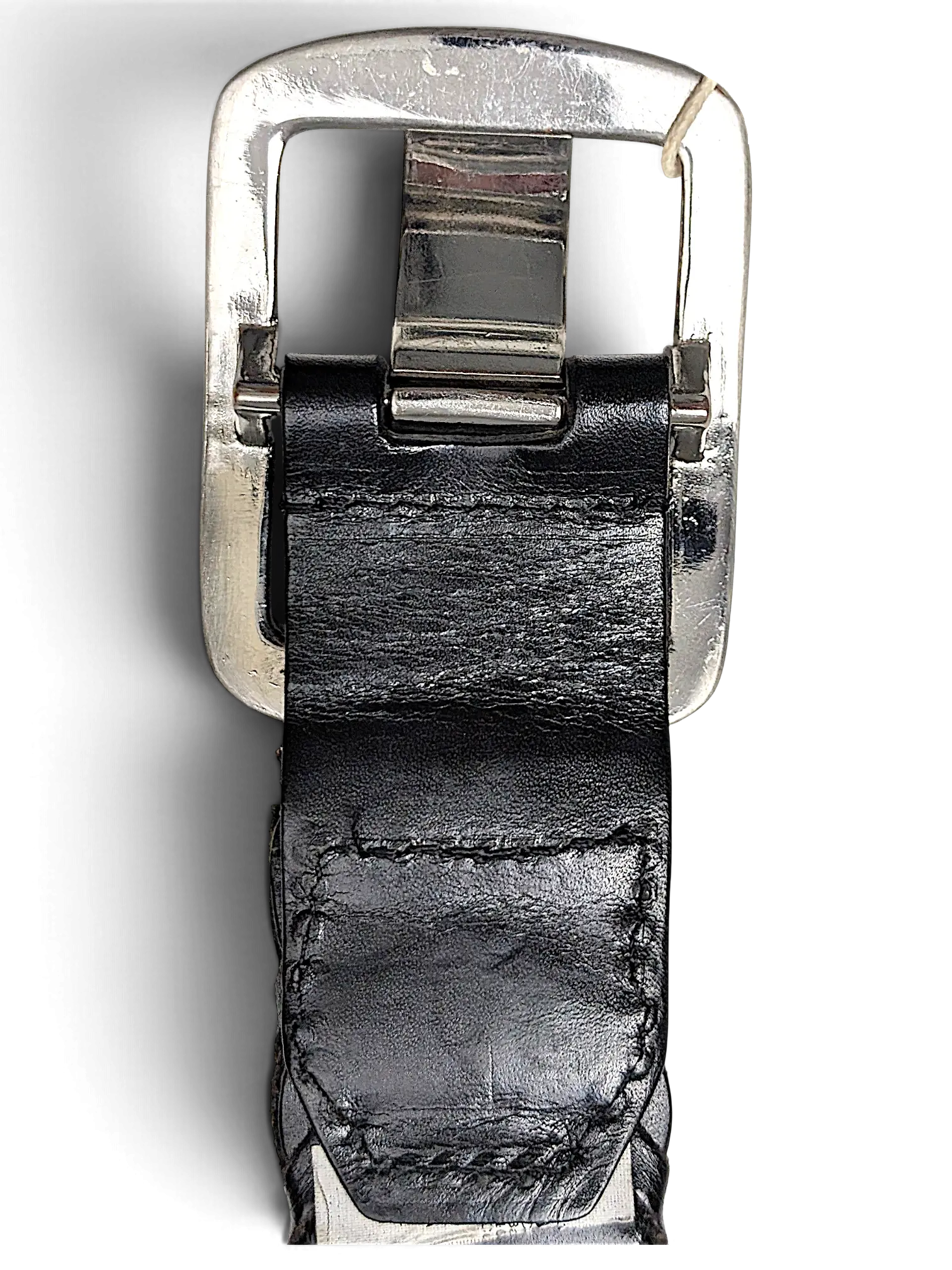 JAKE & IPI Esprit black leather belt featuring a polished silver-tone metal buckle on a black background