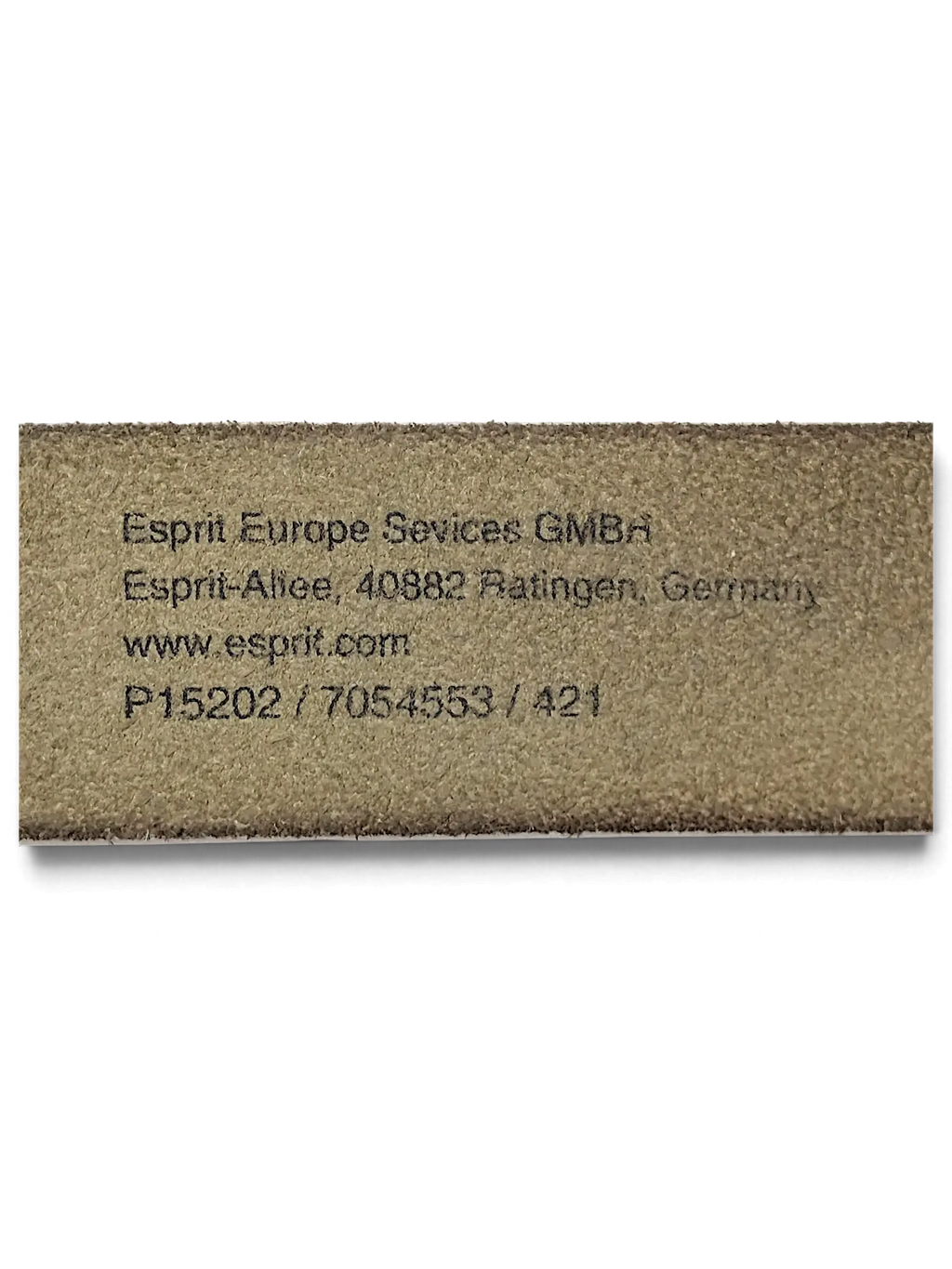 JAKE & IPI Esprit white leather belt product label detail showing manufacturer information