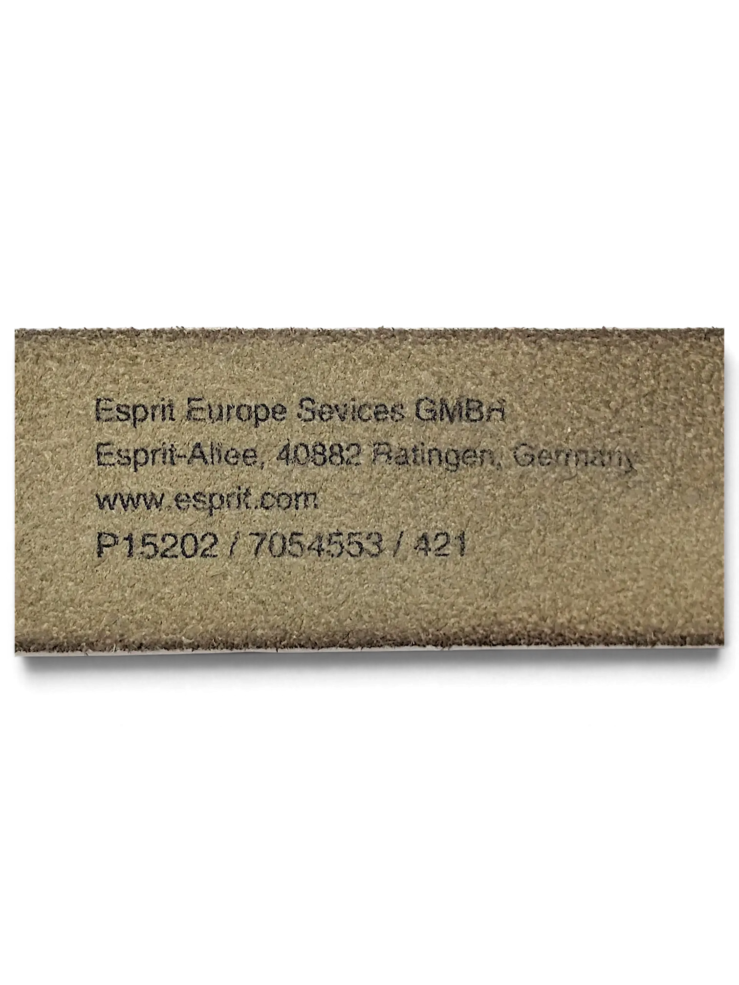JAKE & IPI Esprit white leather belt product label detail showing manufacturer information