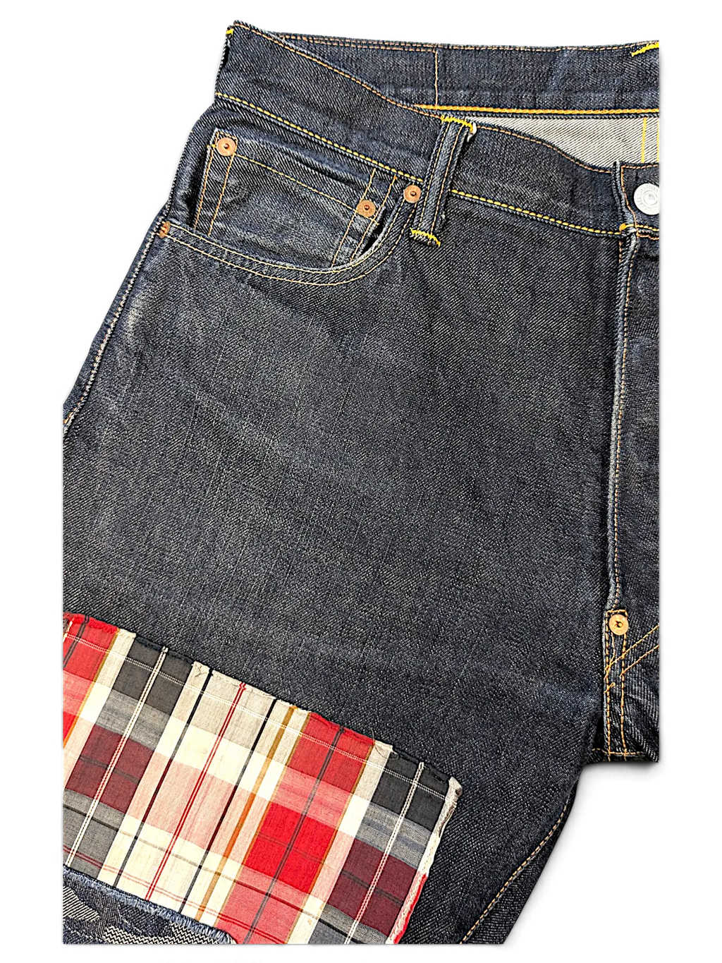 JAKE & IPI IBE Evisu One Of One dark wash denim jeans featuring a red and white plaid patchwork detail
