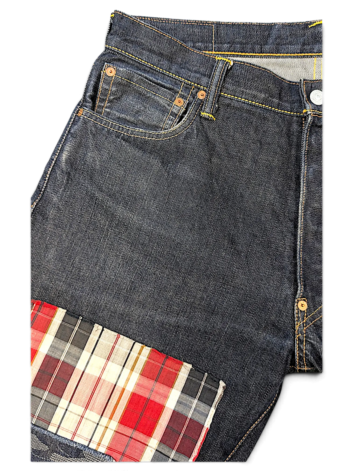 JAKE & IPI IBE Evisu One Of One dark wash denim jeans featuring a red and white plaid patchwork detail