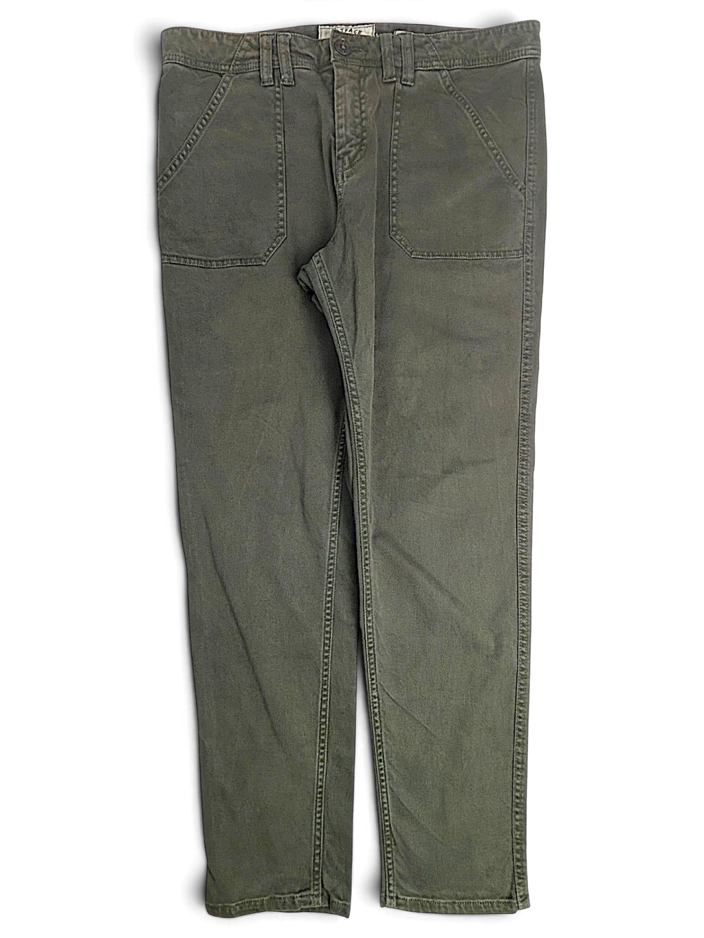 JAKE & IPI pre-owned FatFace olive green utility trousers with front patch pockets and a straight leg fit.