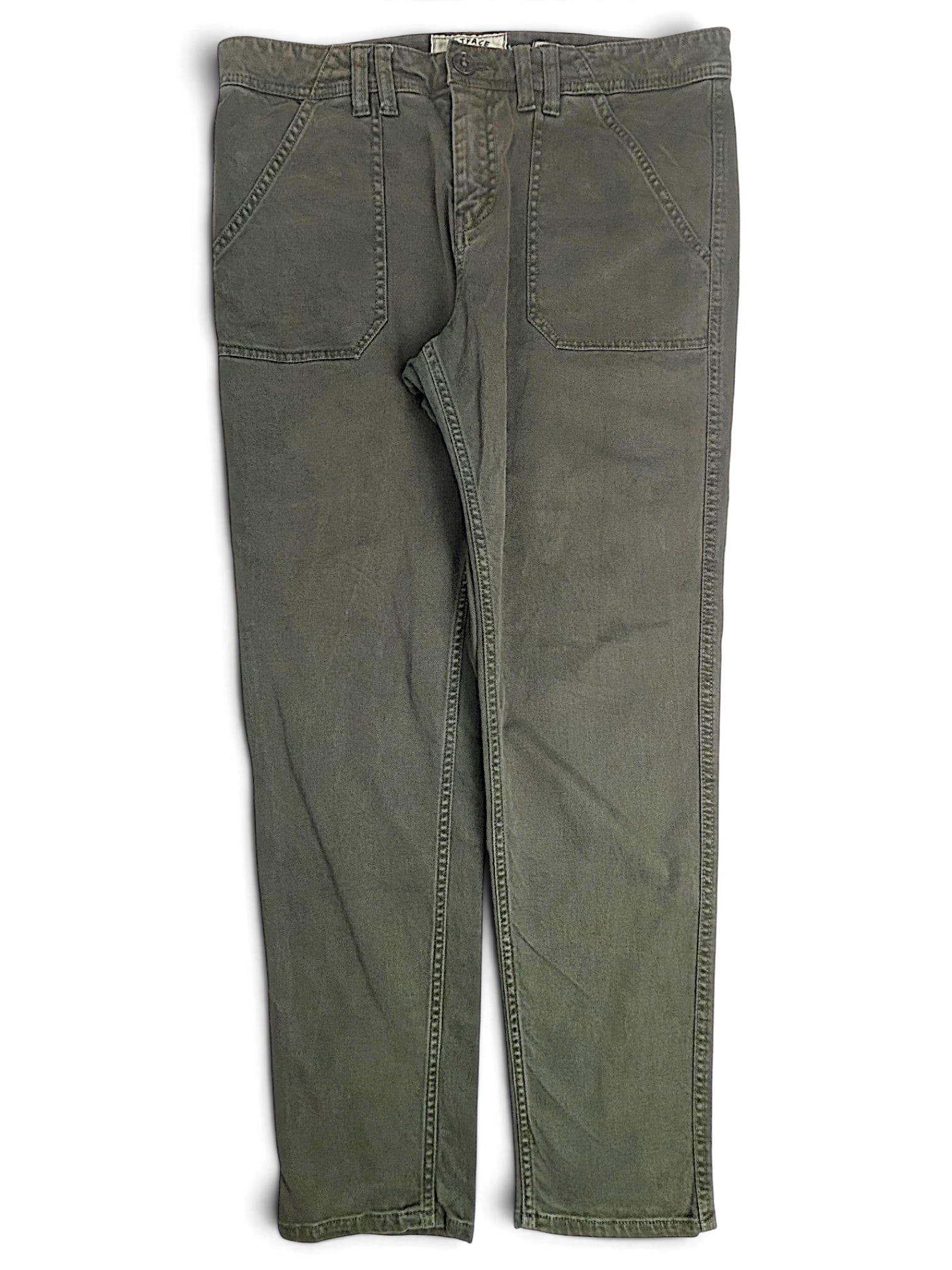 JAKE & IPI pre-owned FatFace olive green utility trousers with front patch pockets and a straight leg fit.
