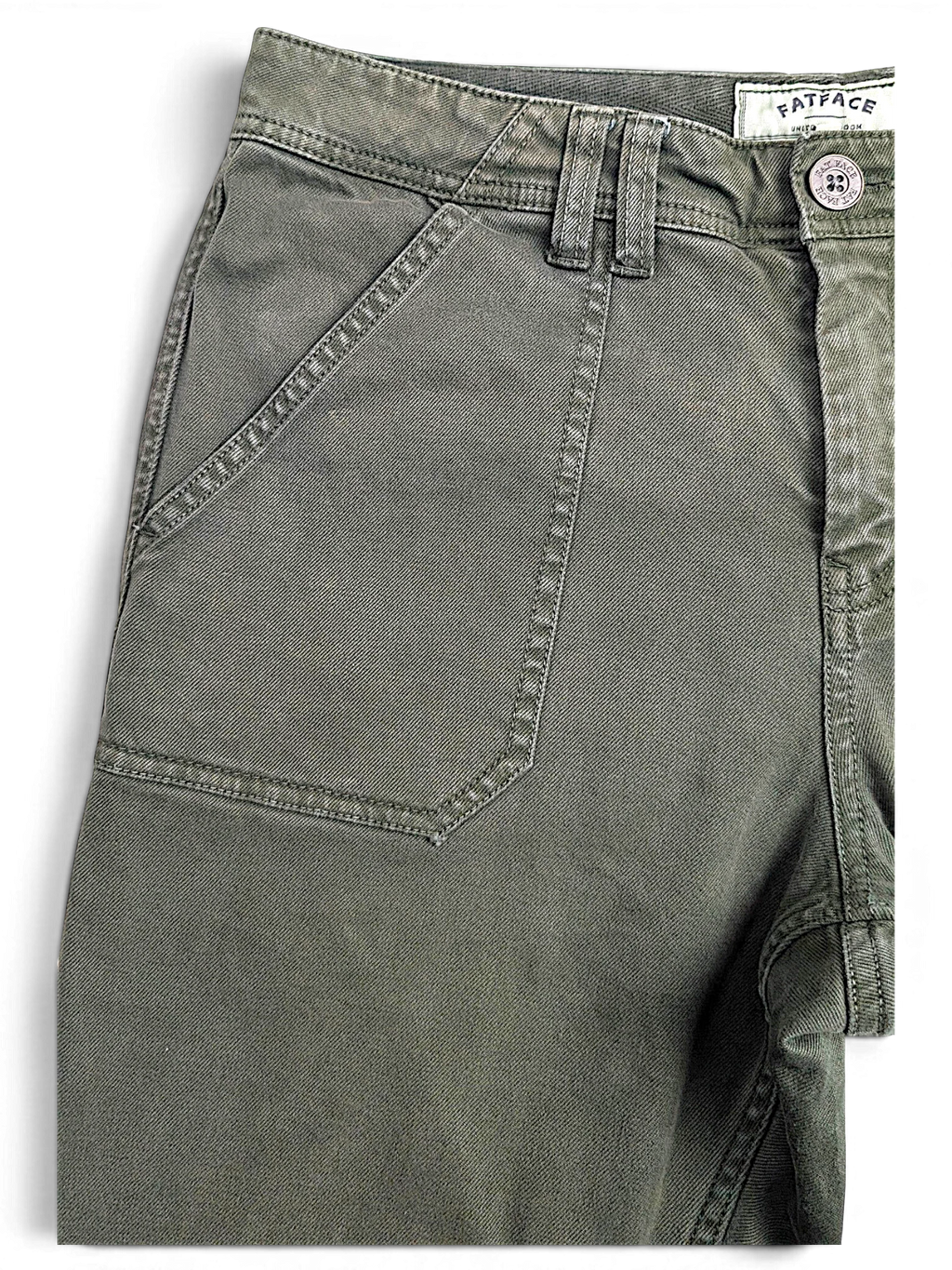 JAKE & IPI pre-owned FatFace olive green utility trousers featuring large patch pockets and branded button detail