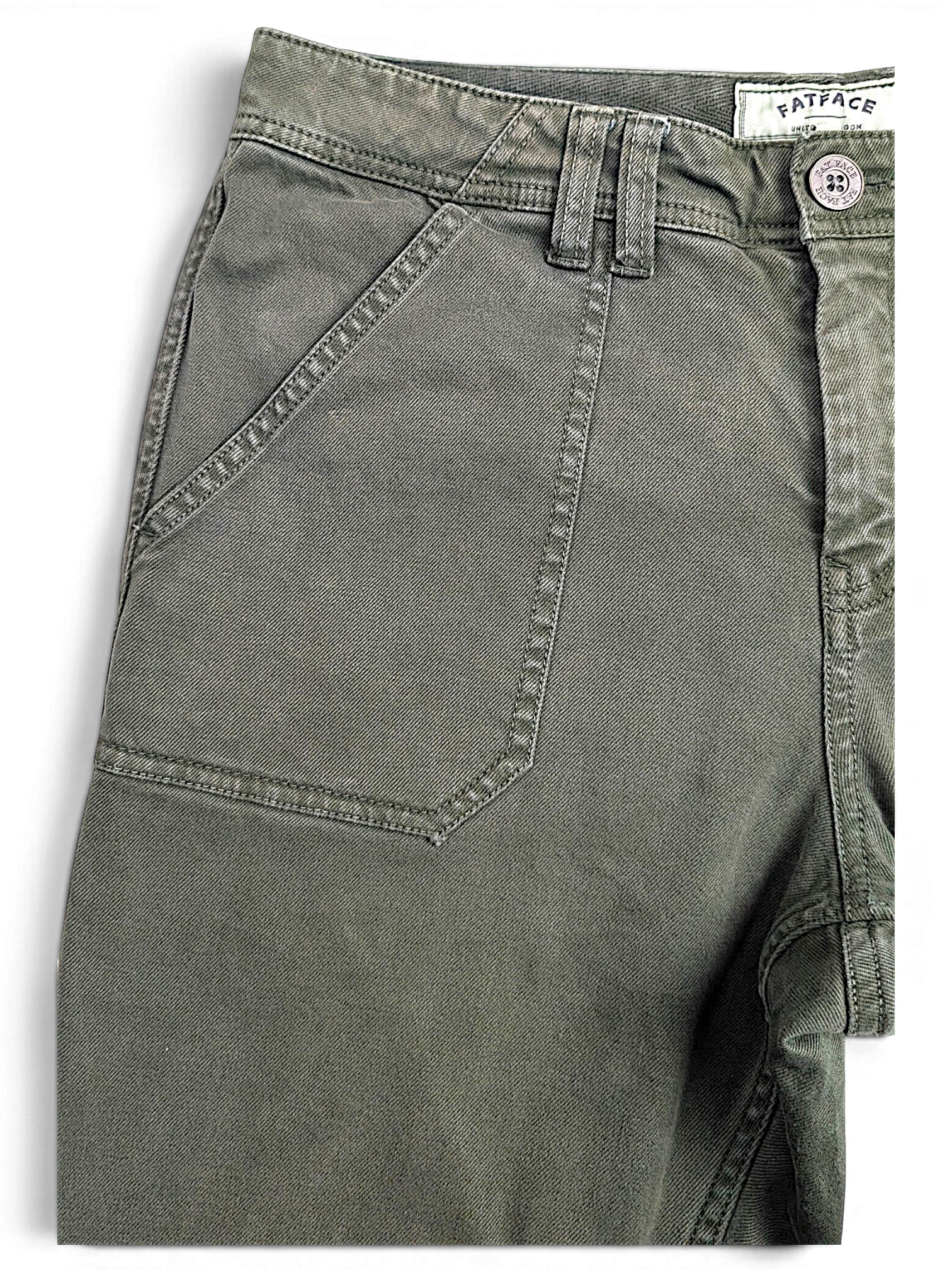 JAKE & IPI pre-owned FatFace olive green utility trousers featuring large patch pockets and branded button detail