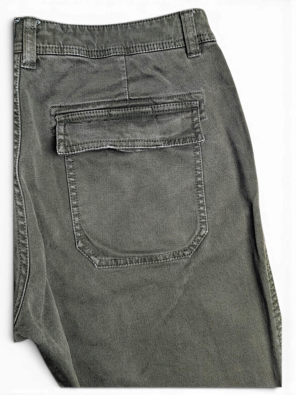 JAKE & IPI FatFace olive green utility trousers featuring a back patch pocket with a flap closure