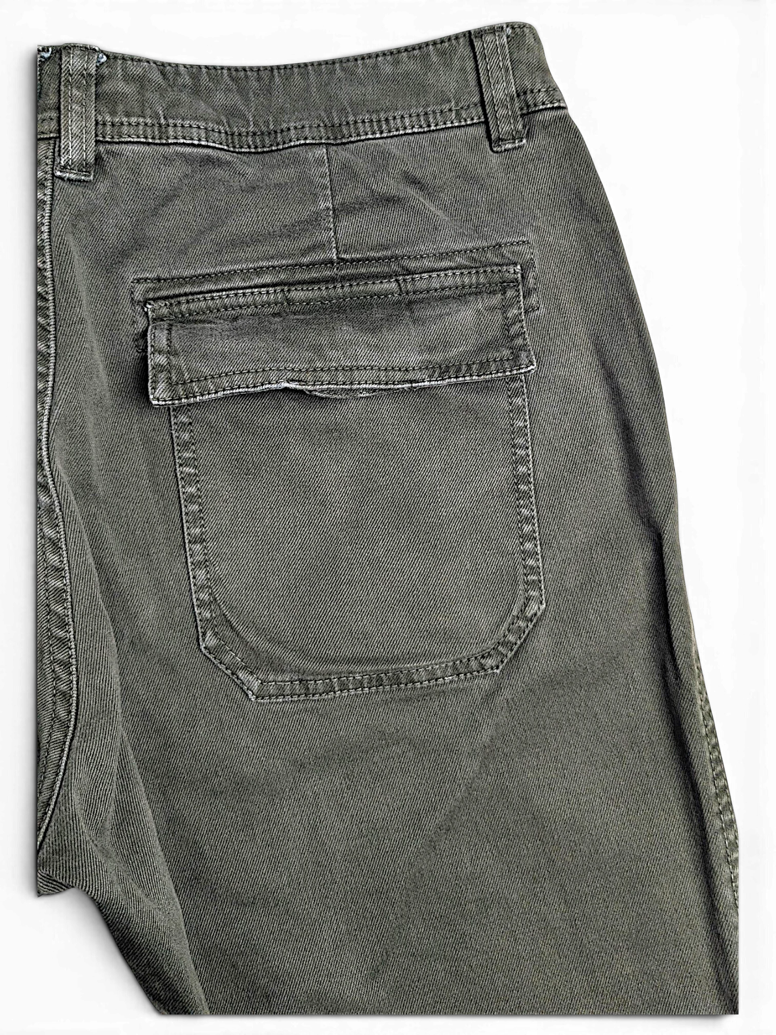 JAKE & IPI FatFace olive green utility trousers featuring a back patch pocket with a flap closure