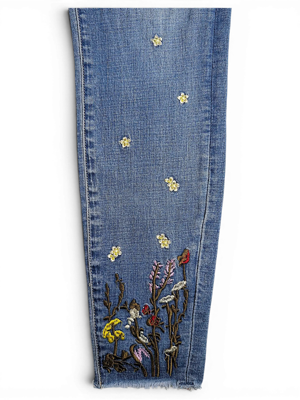 JAKE & IPI Amisu skinny jeans in light blue denim featuring delicate floral embroidery and a raw frayed hem