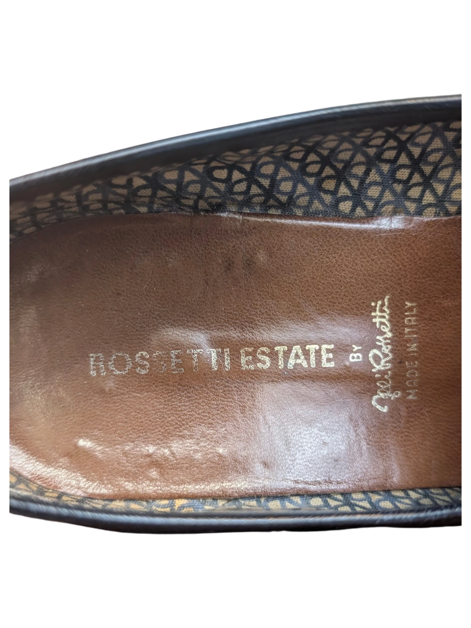 Interior of JAKE & IPI Fratelli Rossetti Estate black leather loafers showing branded brown leather insole