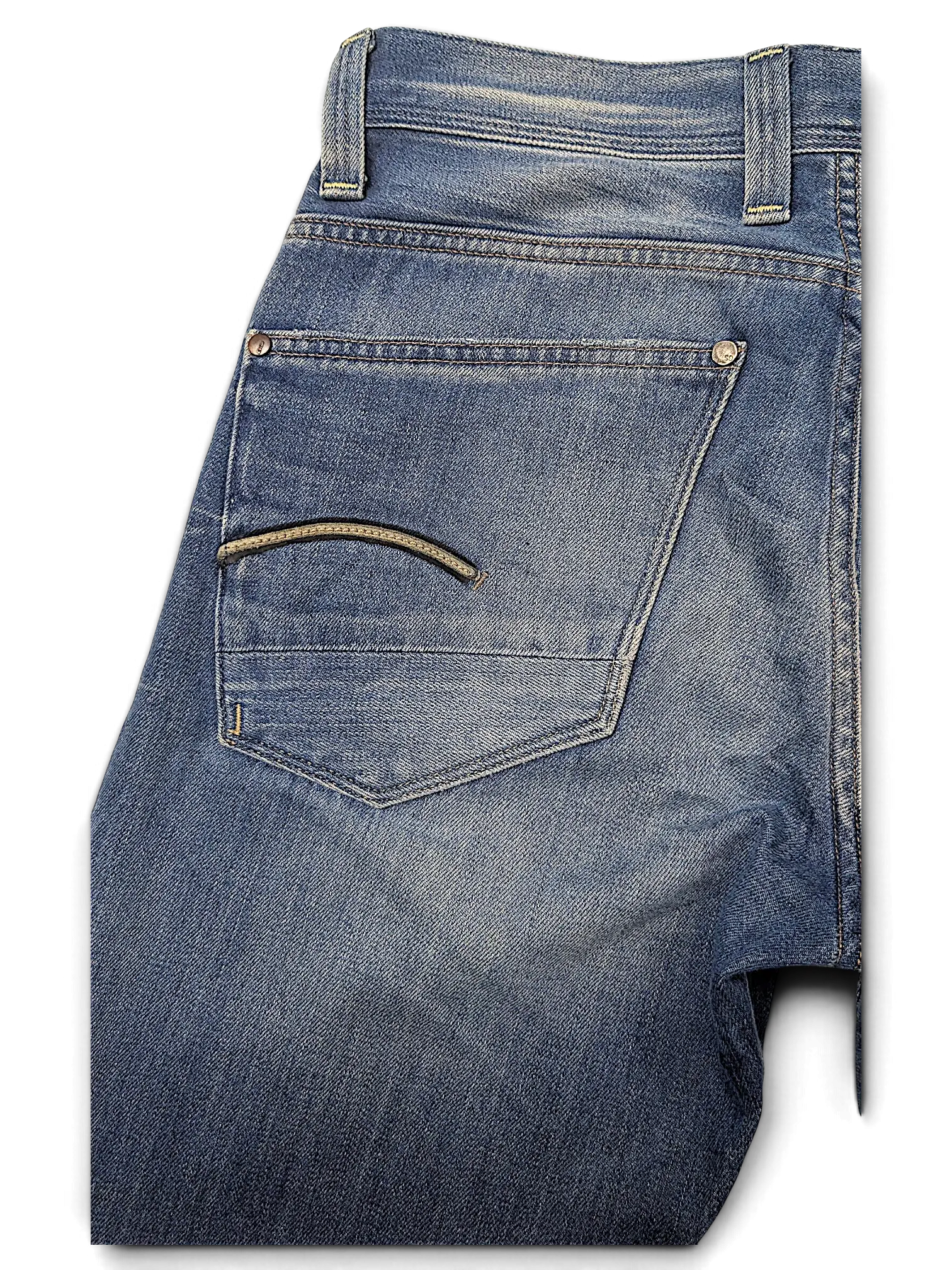 JAKE & IPI G-Star jeans featuring a classic blue denim wash with a signature stitched back pocket detail.