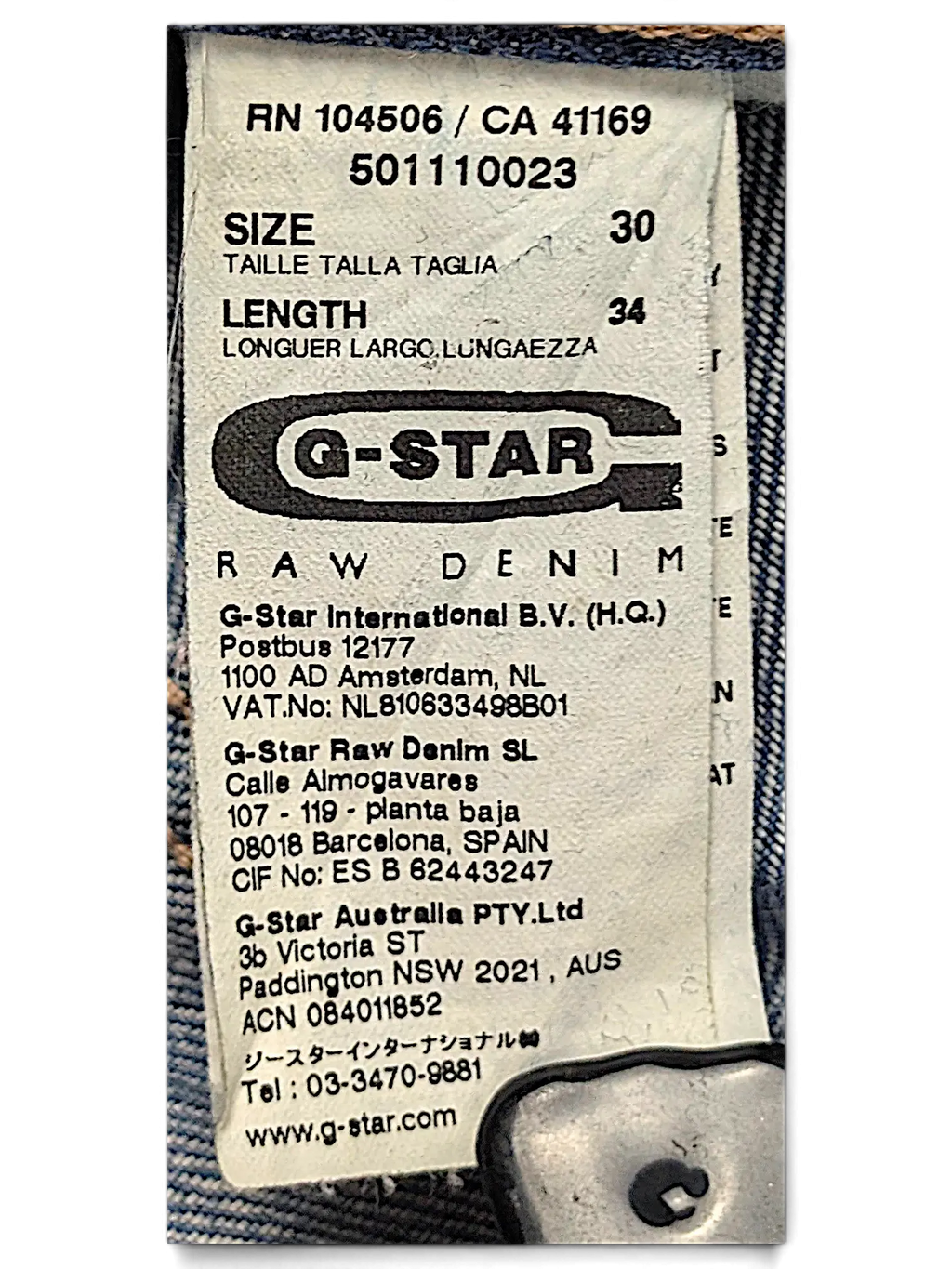 JAKE & IPI G-Star jeans size 30x34 label detail showing brand information and classic blue denim fabric