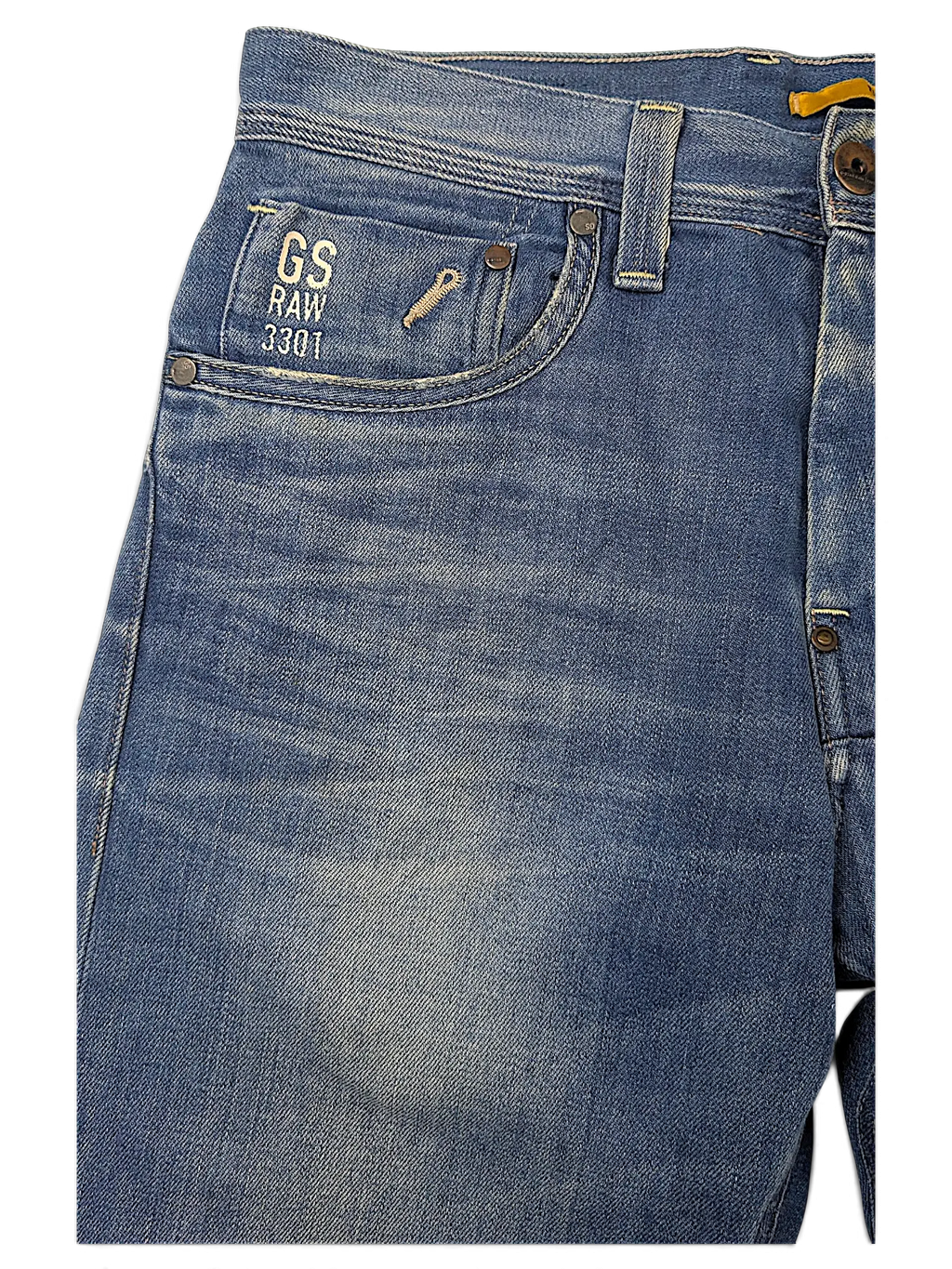 JAKE & IPI G-Star Raw 3301 blue denim jeans featuring a classic five-pocket construction and embroidered coin pocket.