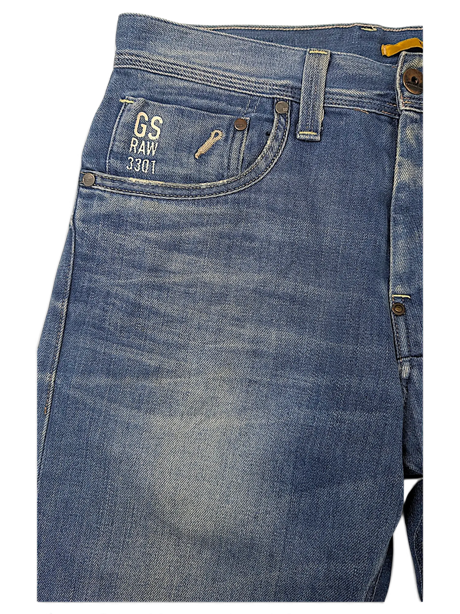 JAKE & IPI G-Star Raw 3301 blue denim jeans featuring a classic five-pocket construction and embroidered coin pocket.