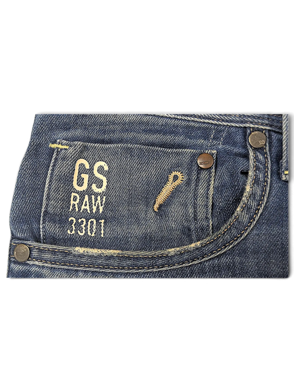JAKE & IPI G-Star Raw 3301 blue denim jeans featuring a classic five-pocket construction and branded metal rivets.