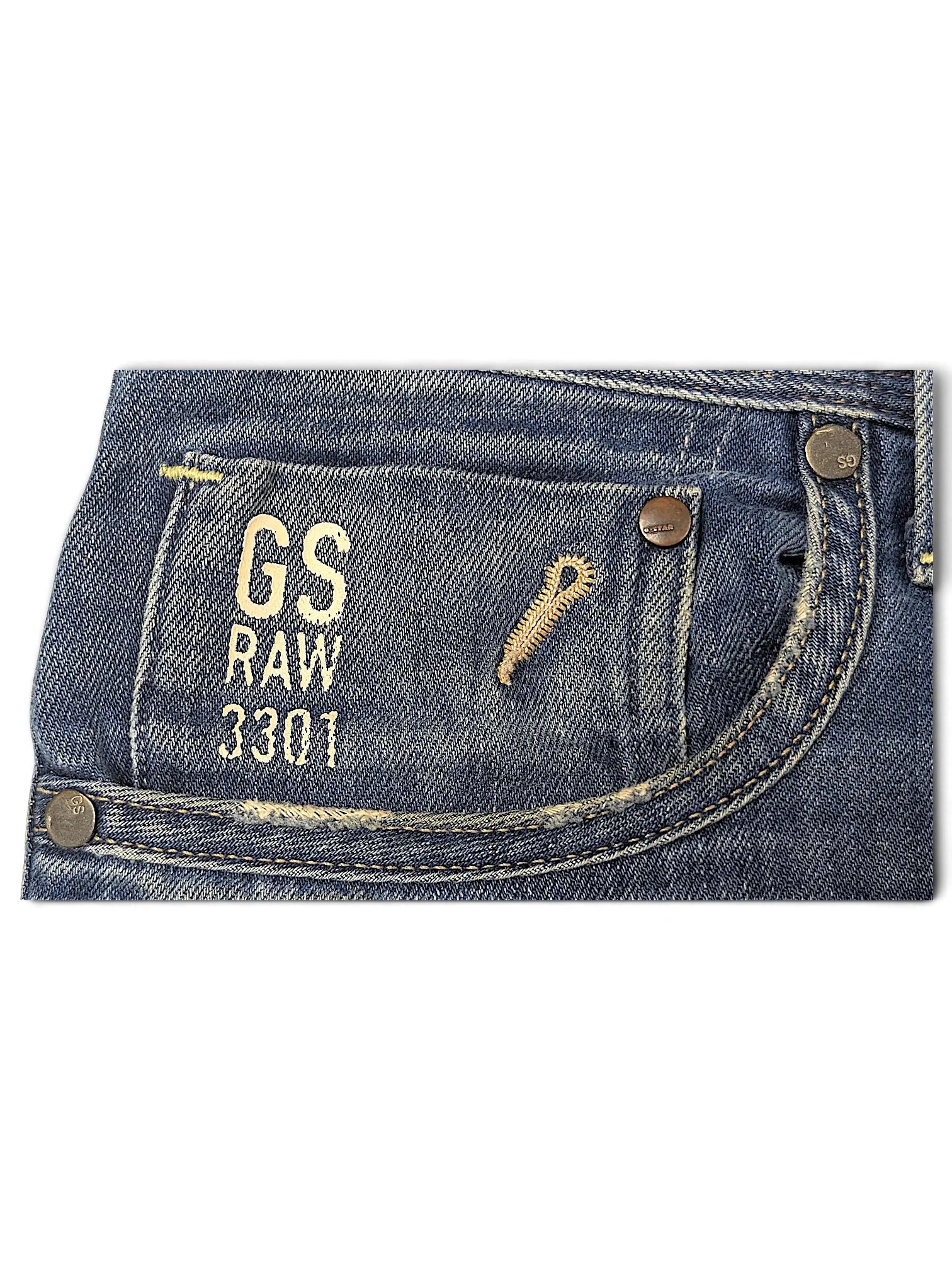 JAKE & IPI G-Star Raw 3301 blue denim jeans featuring a classic five-pocket construction and branded metal rivets.