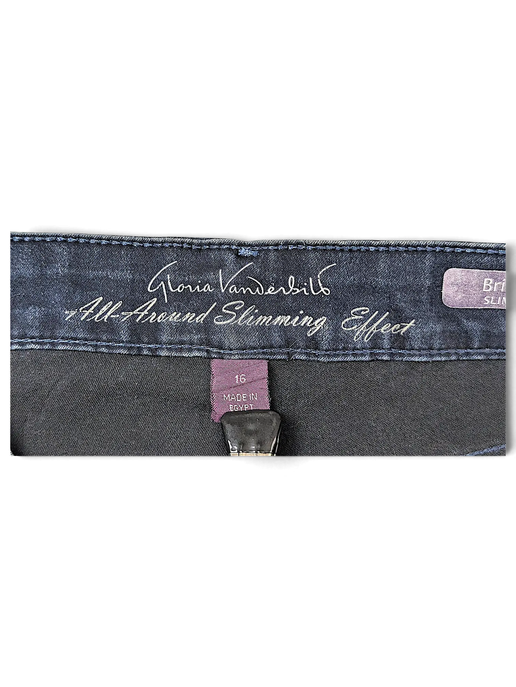 JAKE & IPI Gloria Vanderbilt Missy Bridget slim leg jeans interior waistband label with slimming effect detail