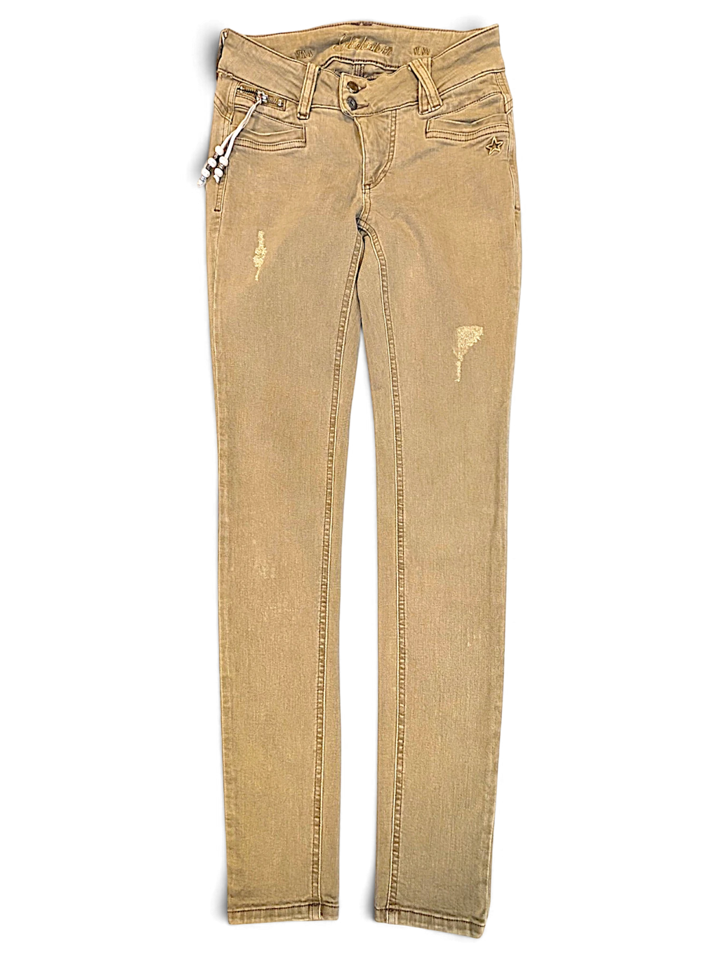 JAKE & IPI Glücksstern light brown casual trousers with a relaxed straight-leg fit and distressed finish.