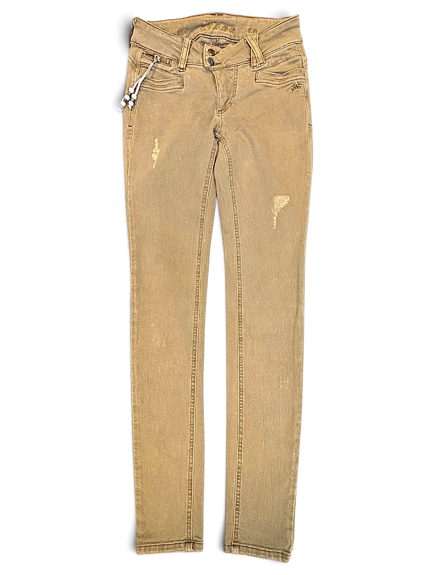 JAKE & IPI Glücksstern light brown casual trousers with a relaxed straight-leg fit and distressed finish.