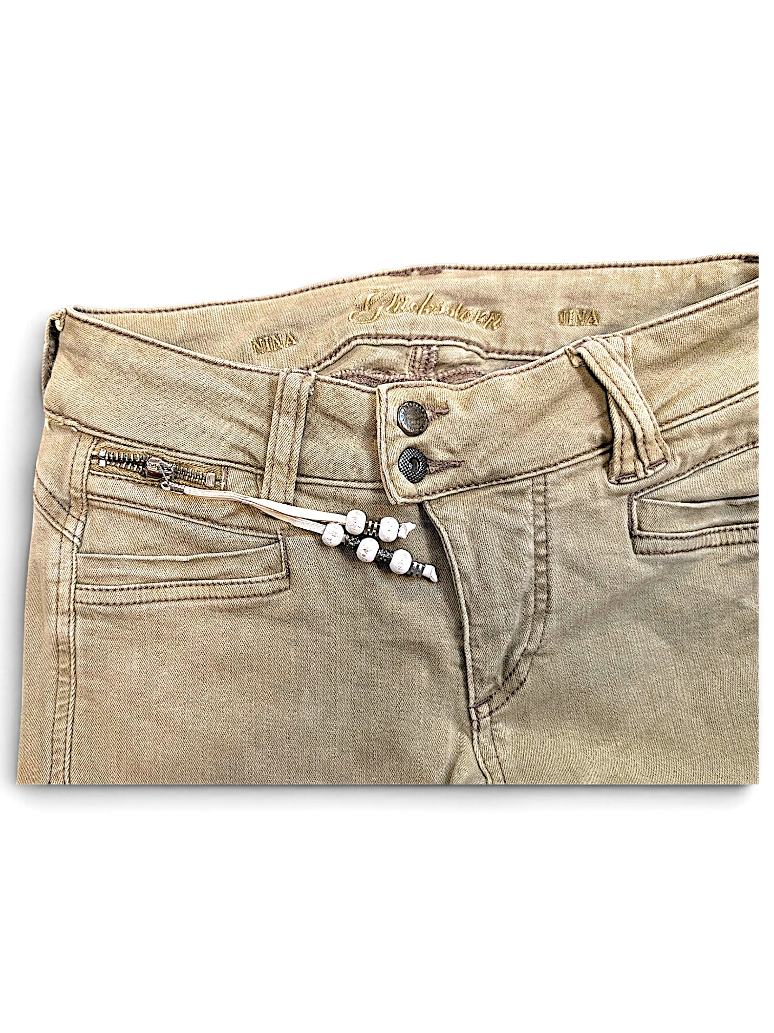 JAKE & IPI pre-owned light brown Glücksstern casual trousers with a double-button waist and decorative zipper detail.