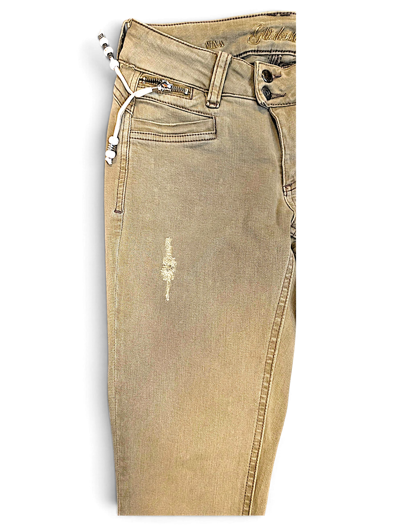 JAKE & IPI pre-owned light brown Glücksstern casual trousers with distressed details and a relaxed straight-leg fit.