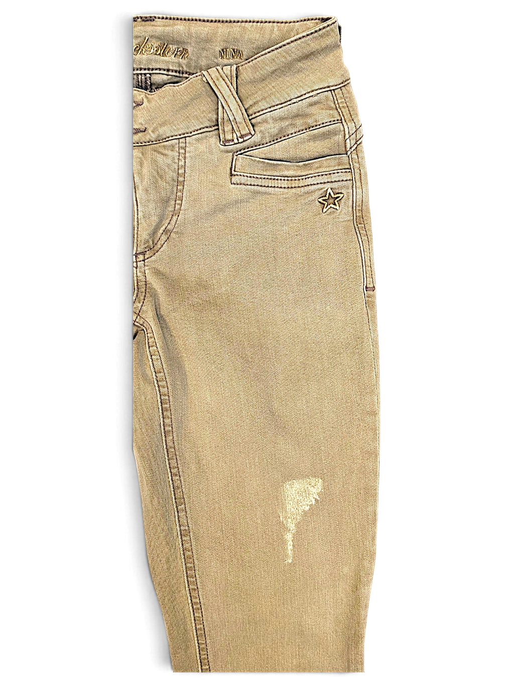 JAKE & IPI pre-owned Glücksstern light brown casual trousers with a relaxed fit, star detail, and distressed finish.
