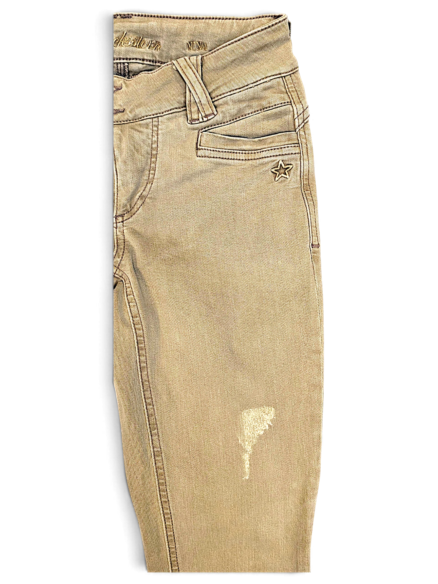 JAKE & IPI pre-owned Glücksstern light brown casual trousers with a relaxed fit, star detail, and distressed finish.