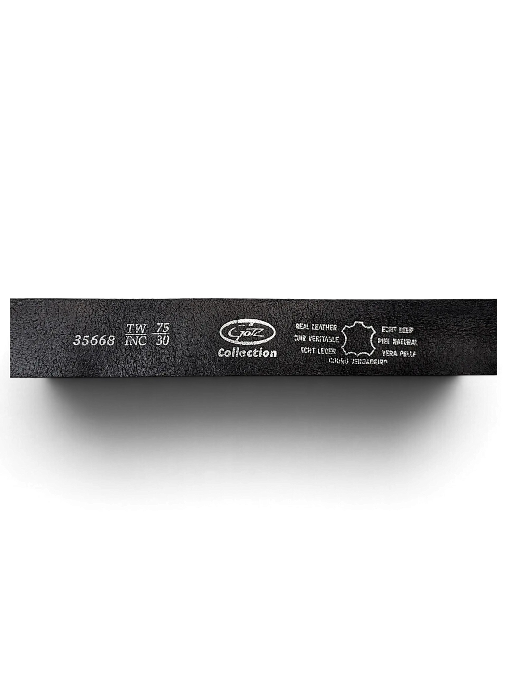 JAKE & IPI Gotz Collection black leather belt showing interior branding and size details on the strap