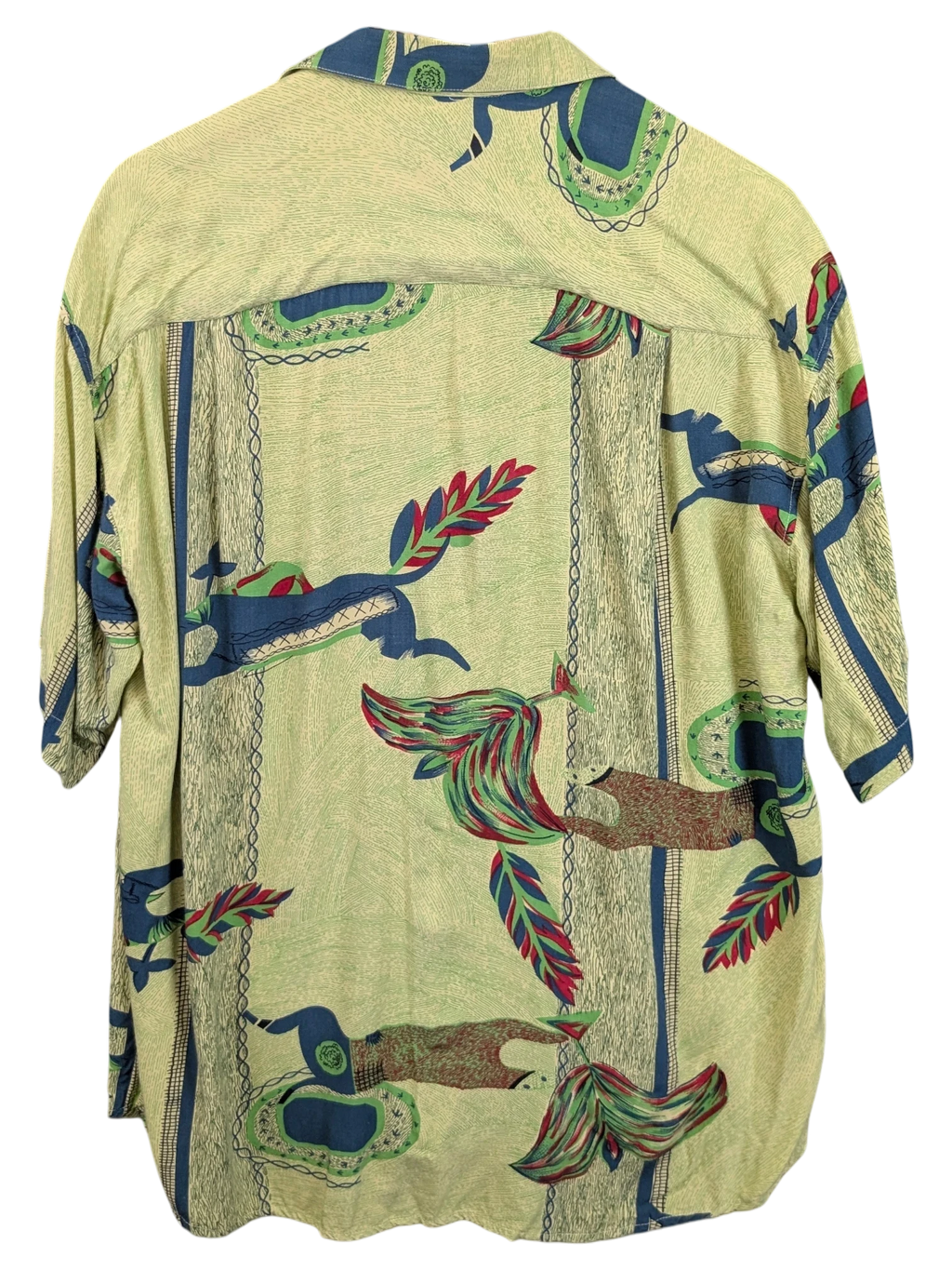 JAKE & IPI green Hawaiian shirt featuring a vintage-inspired animal and feather print pattern on a textured fabric