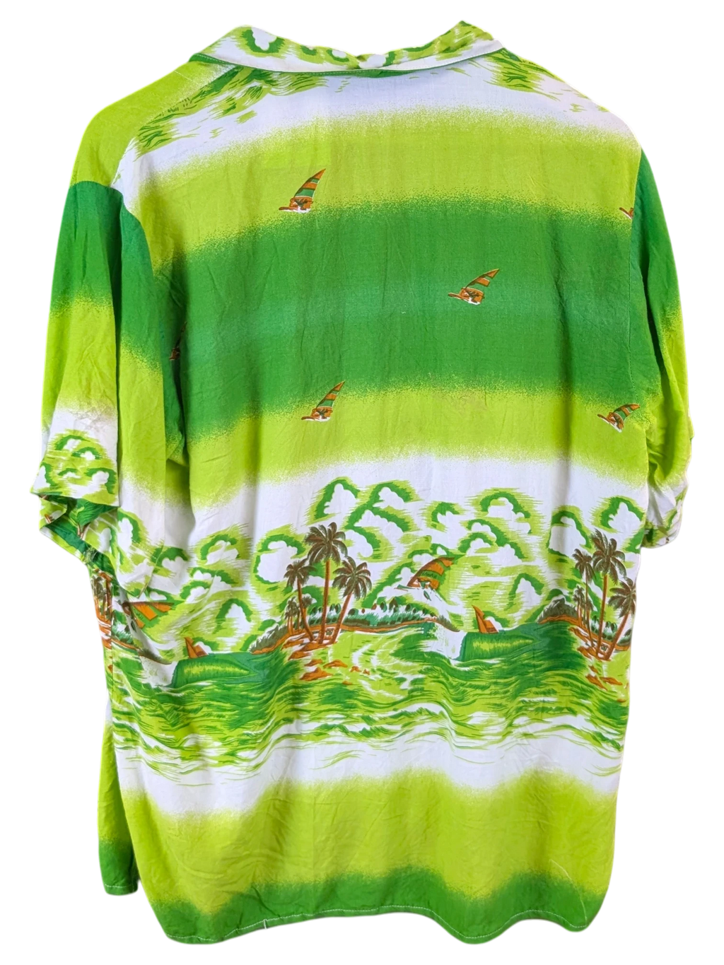 Back view of a JAKE & IPI green Hawaiian shirt featuring a tropical beach landscape print with palm trees and sailboats.