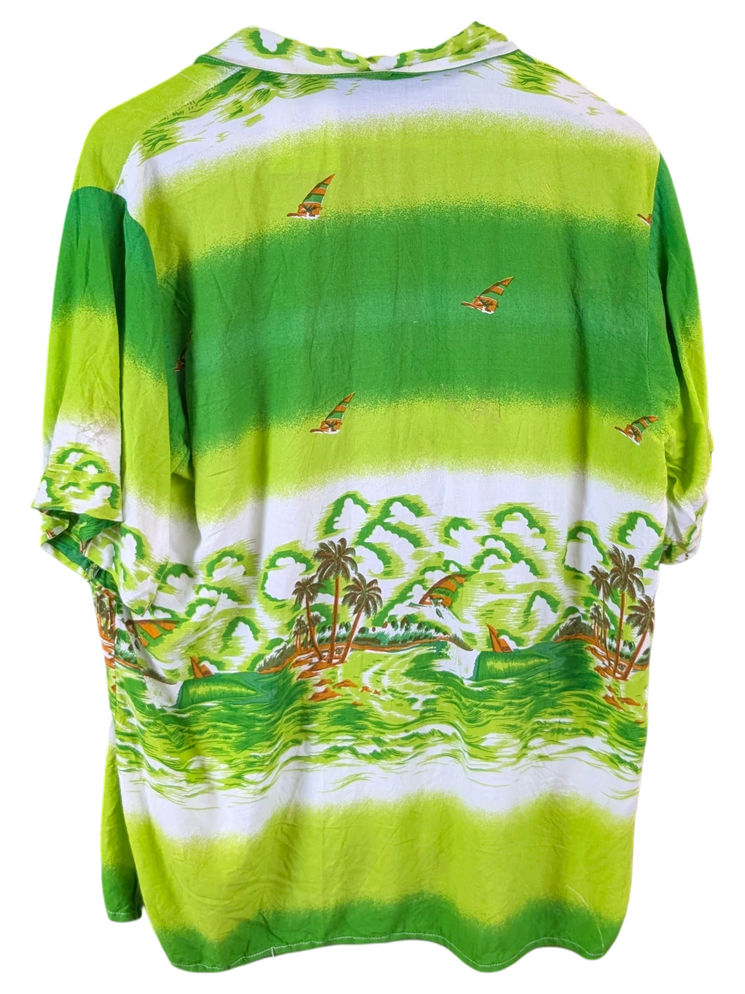 Back view of a JAKE & IPI green Hawaiian shirt featuring a tropical beach landscape print with palm trees and sailboats.