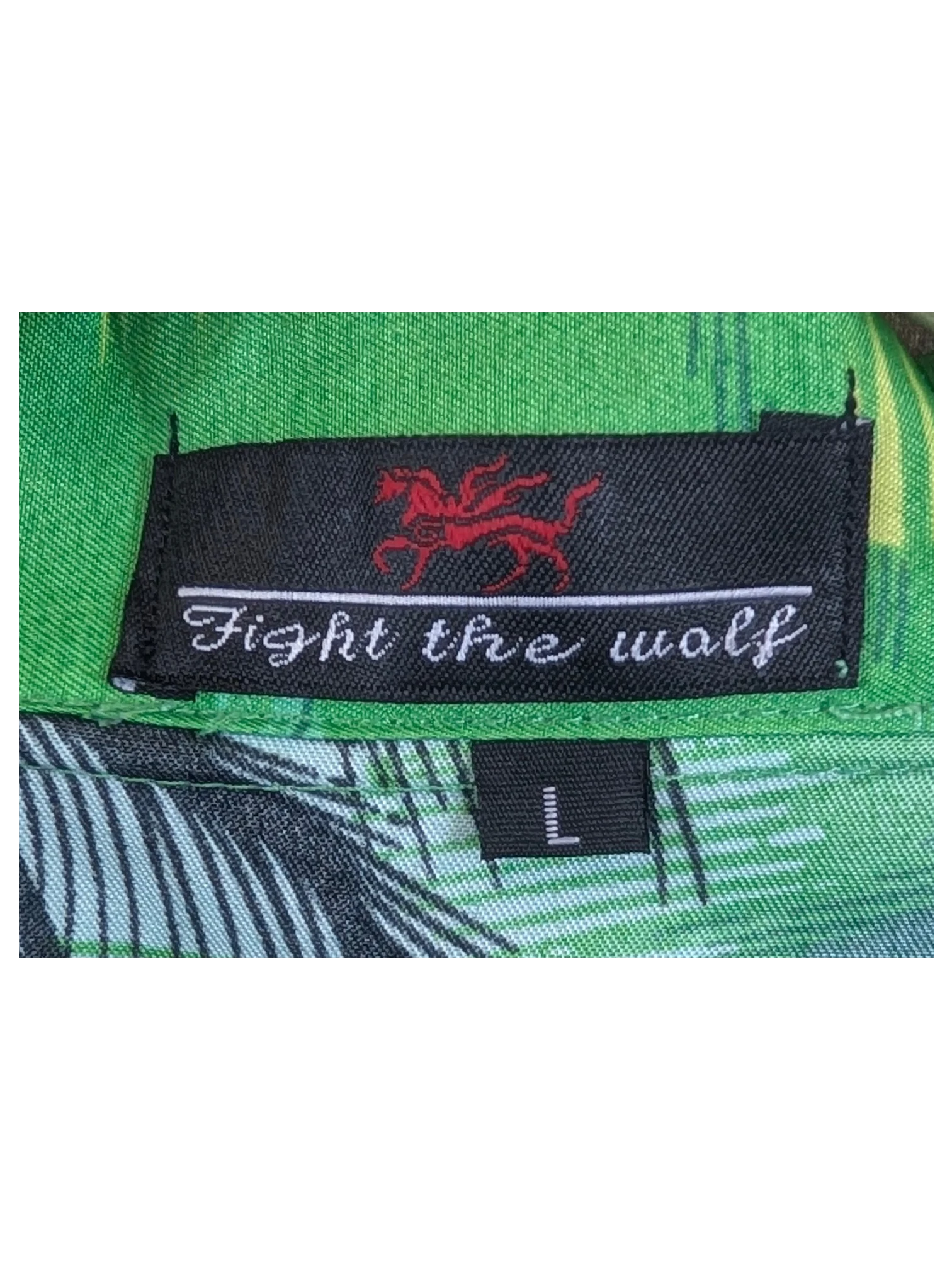 JAKE & IPI Fight The Wall Hawaiian shirt featuring a green tropical print and a size large neck label